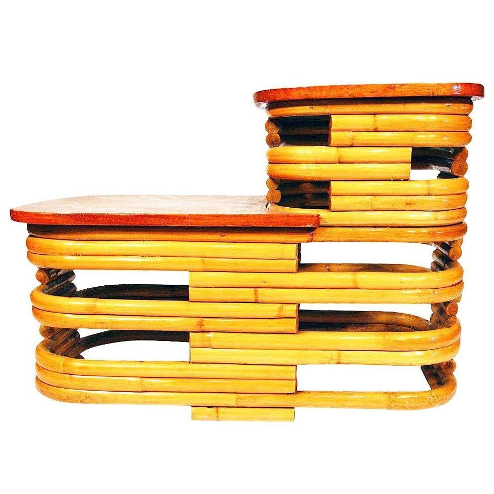 Restored MCM Stacked Rattan Two-Tier Side Table w/ Mahogany Top, 2 Available - 6