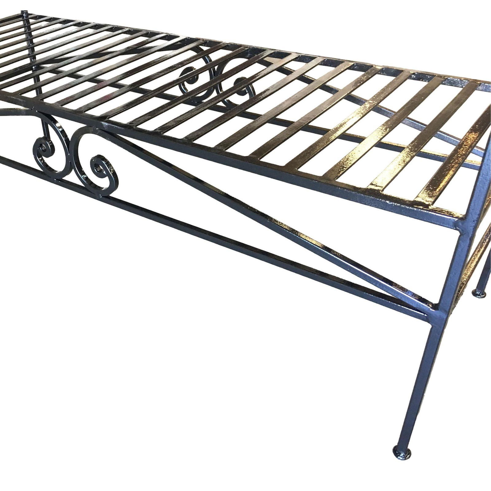 Scrolling Black Wrought Iron Chaise Lounge, Bench - 12