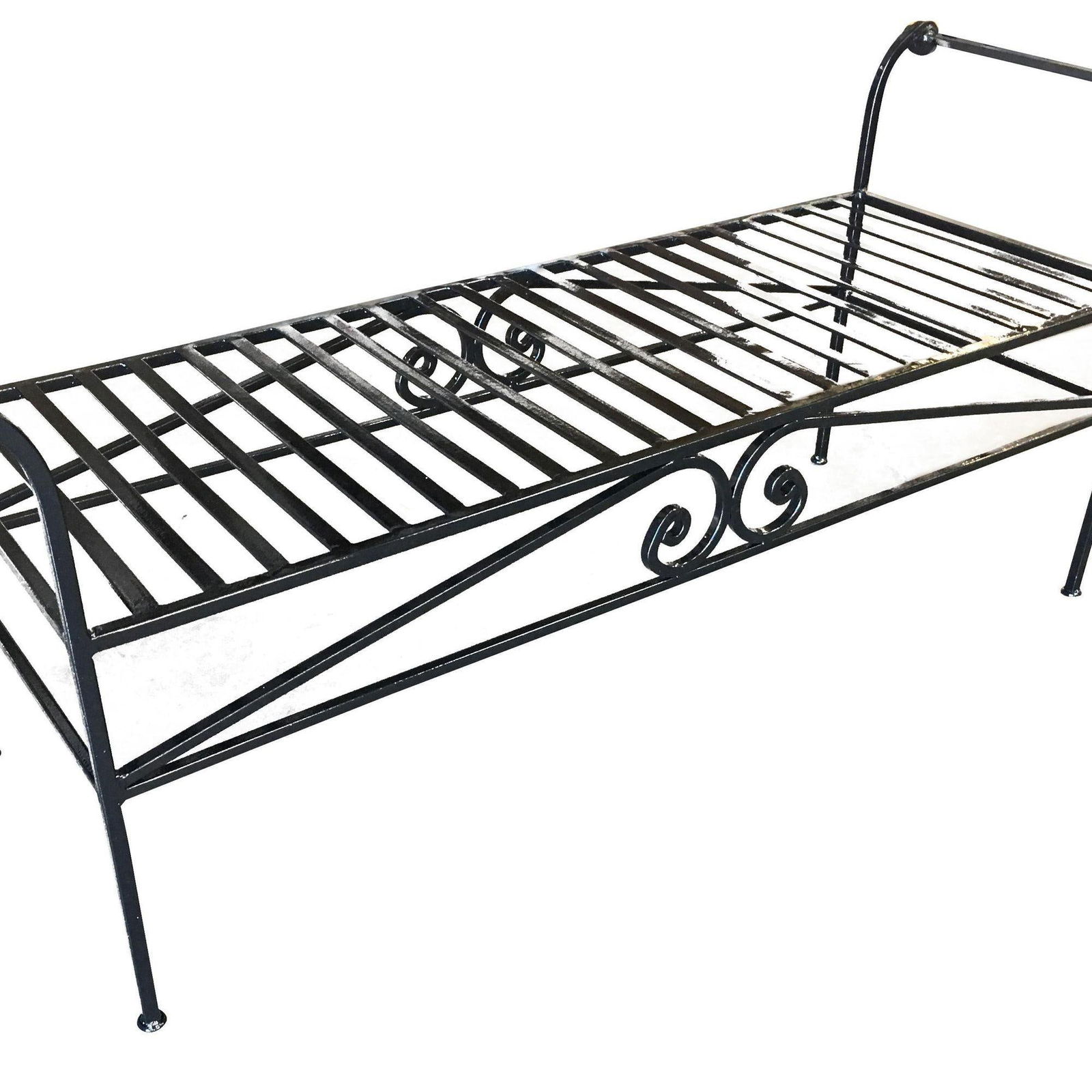 Scrolling Black Wrought Iron Chaise Lounge, Bench - 6