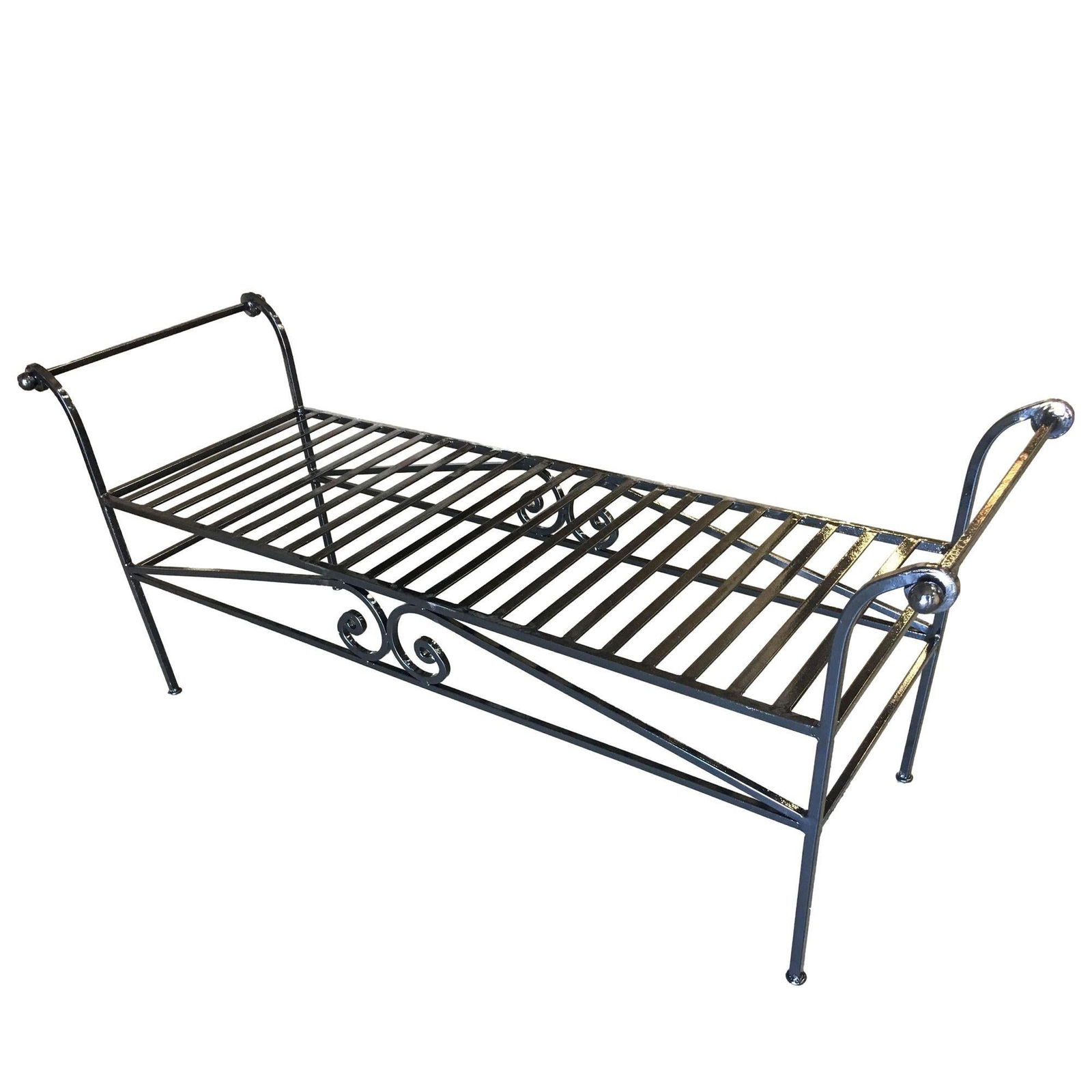 Scrolling Black Wrought Iron Chaise Lounge, Bench - 9