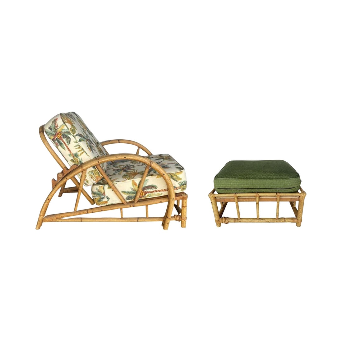 Restored 2-Strand Half Moon Rattan Lounge Chair w/ Adjustable Back & Ottoman - 7