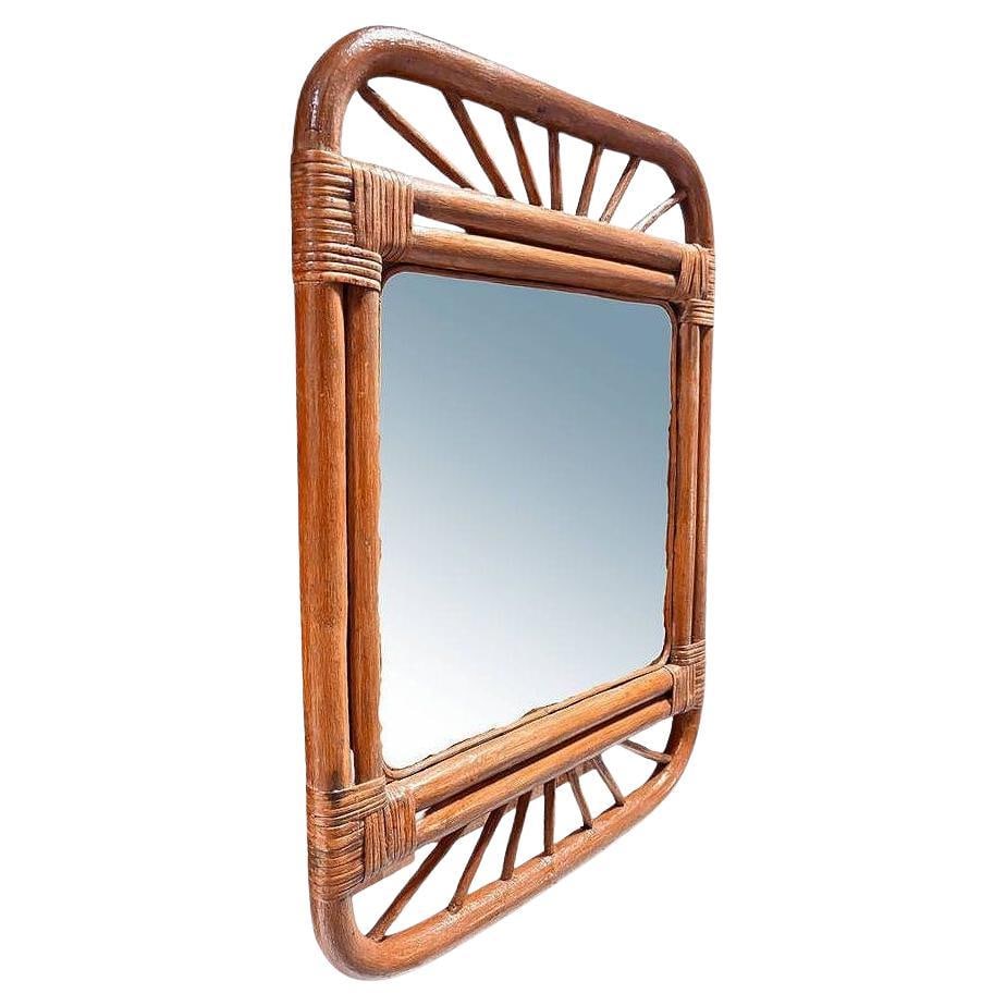 Restored Single-Strand Rounded Rattan Wall Mirror W/ Stick Reed Rattan - 7