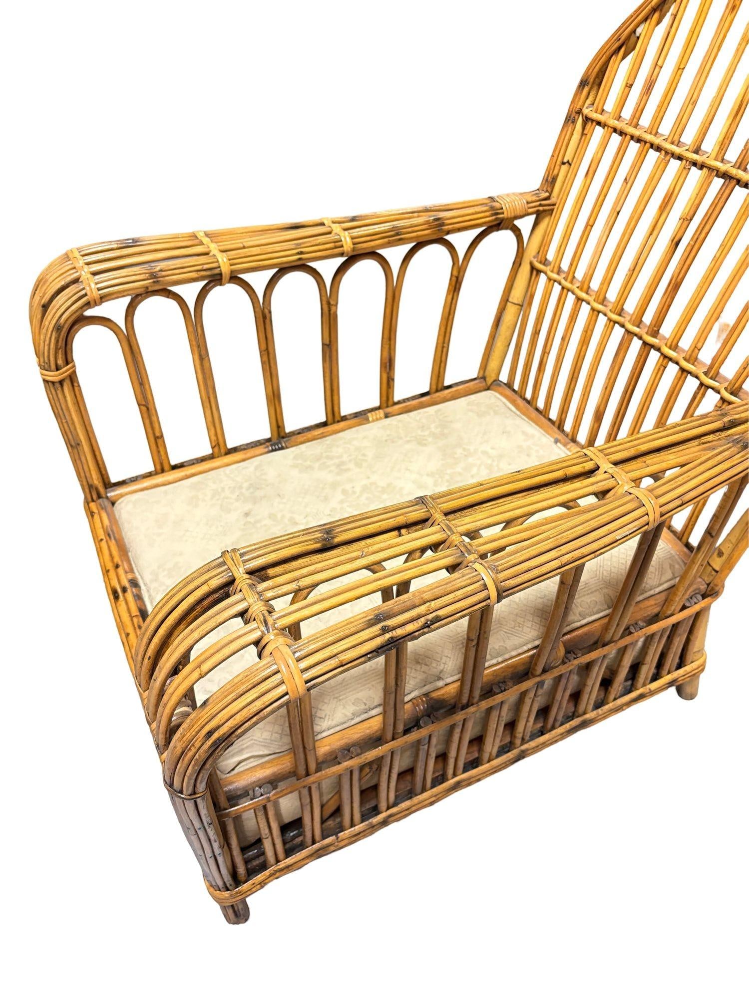 Restored Vintage Art Deco "President's" High Stand Stick Rattan Lounge Chair - 12
