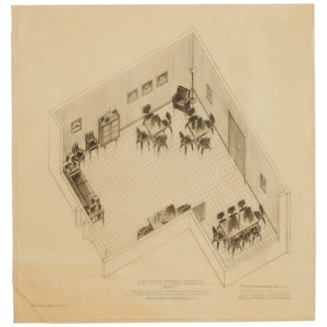 1955 Recreation Room Architectural Rendering by Rucker Fuller: Title: 1955 Recreation Room Architectural Rendering by Rucker Fuller Description: Original 1955 "Recreation Room" hand-drawn architectural artwork rendering prepared by Rucker Fuller for The Bank of C