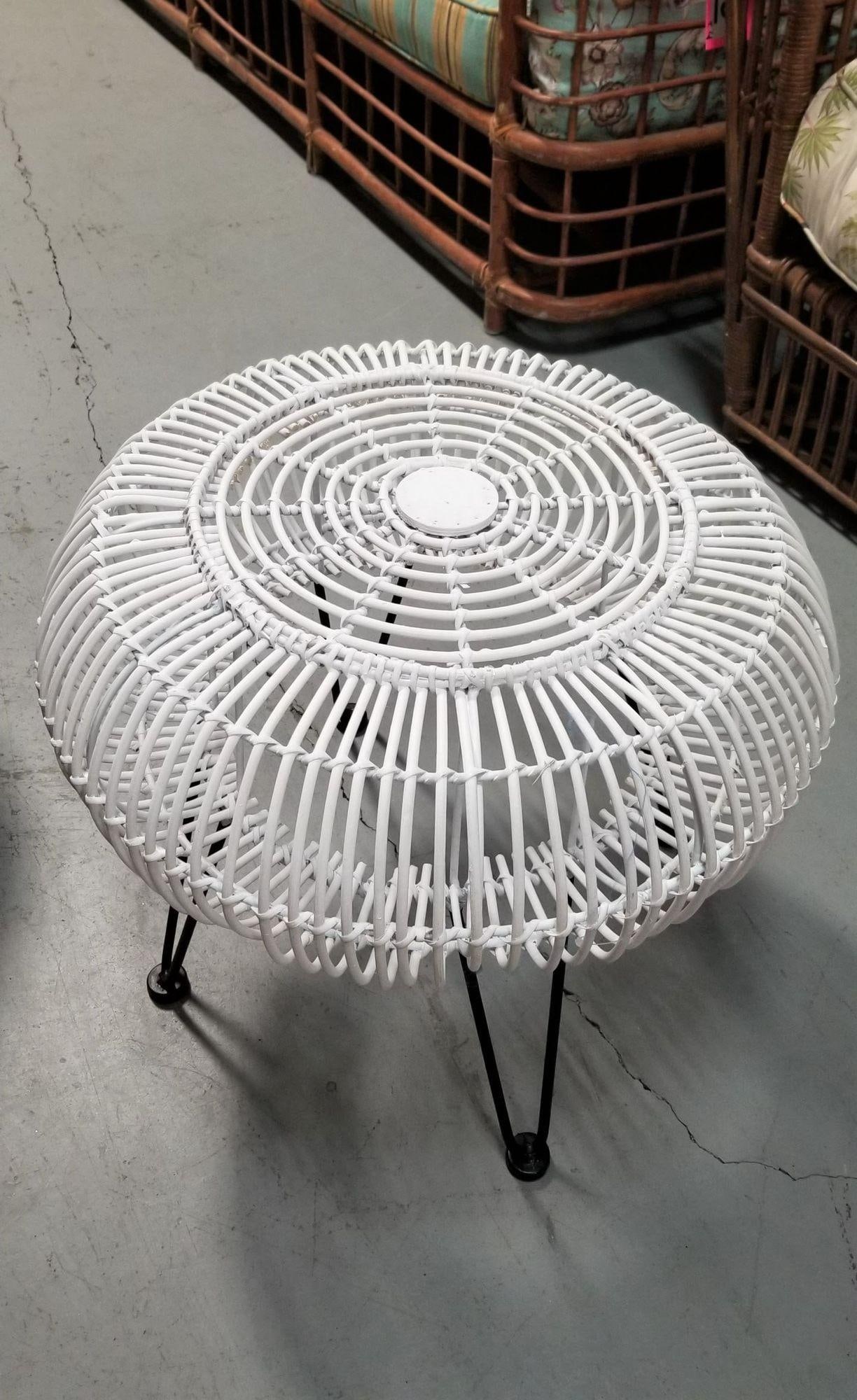 Restored Mid-century Reed Stick Rattan Ottoman Stool w/ Hairpin Legs - 18