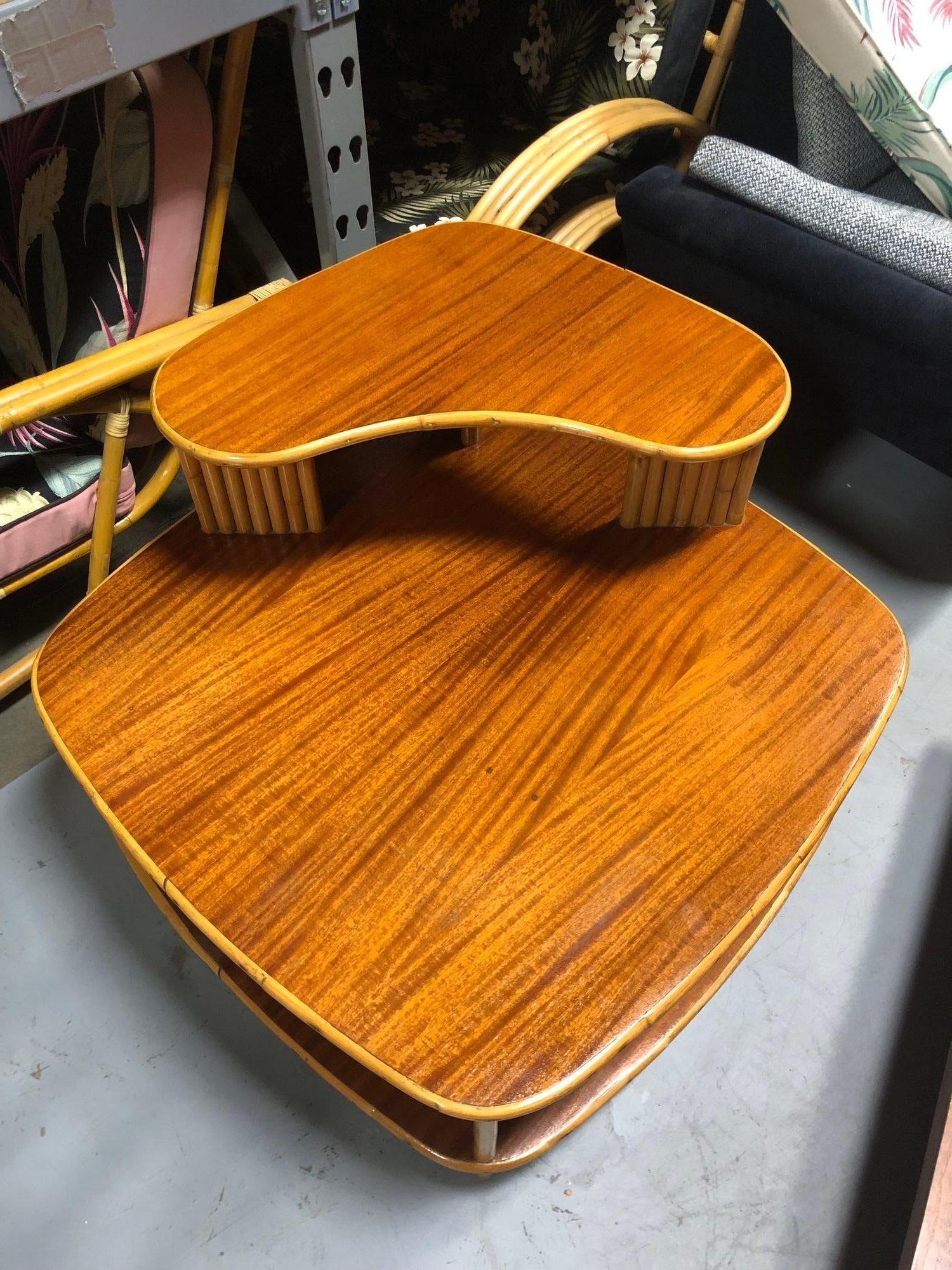 Restored Rattan 1940s Double Level Corner Table with Quatered Koa Wood Top - 18