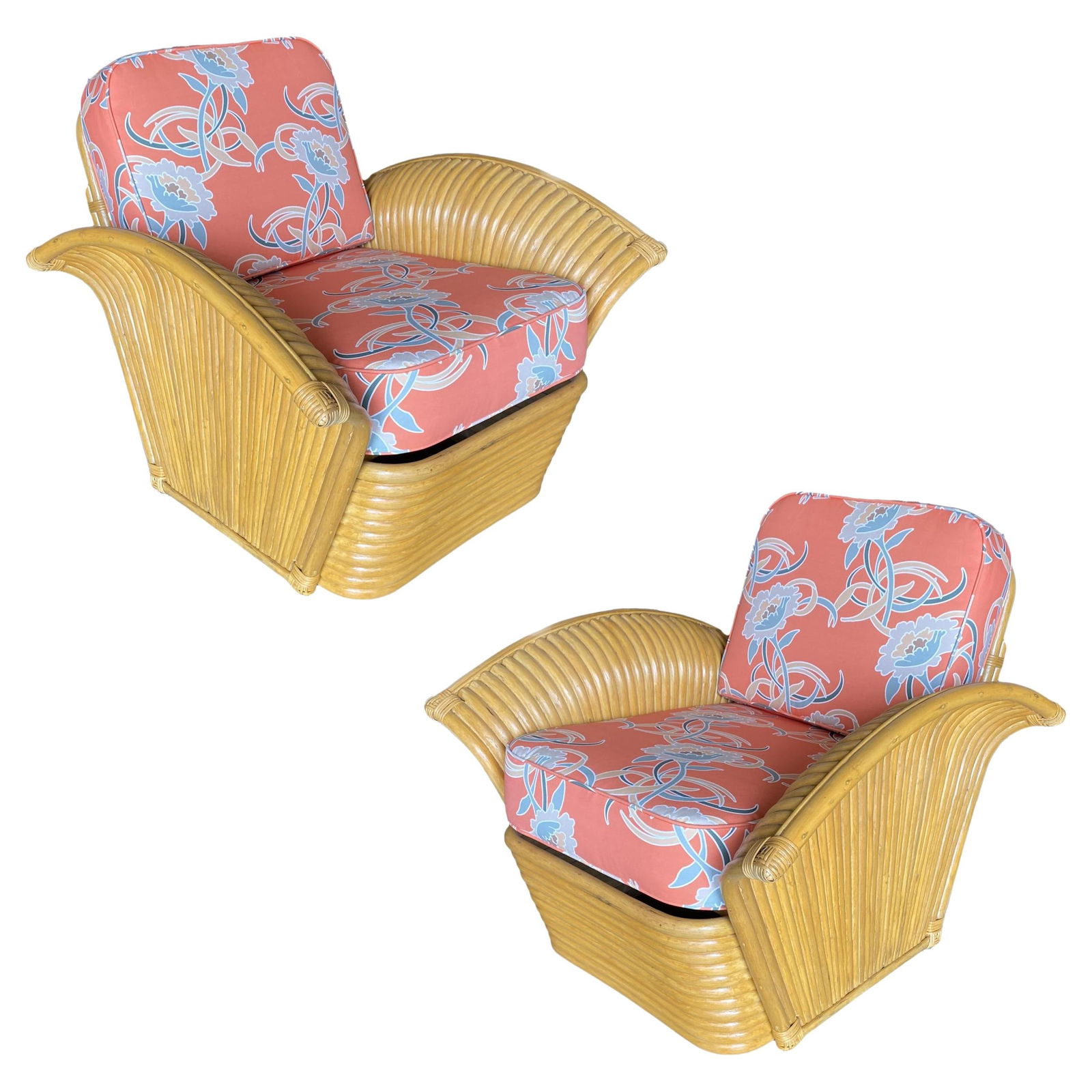 Restored Pair of "Golden Girls" Art Deco Rattan Fan Arm Lounge Chairs - 13
