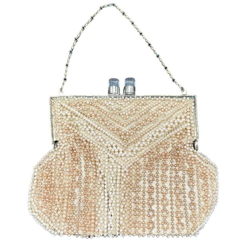 Late Art Deco Geometric Beaded Womans Purse Clutch w/ Silvertone & Lucite Clasp - 13