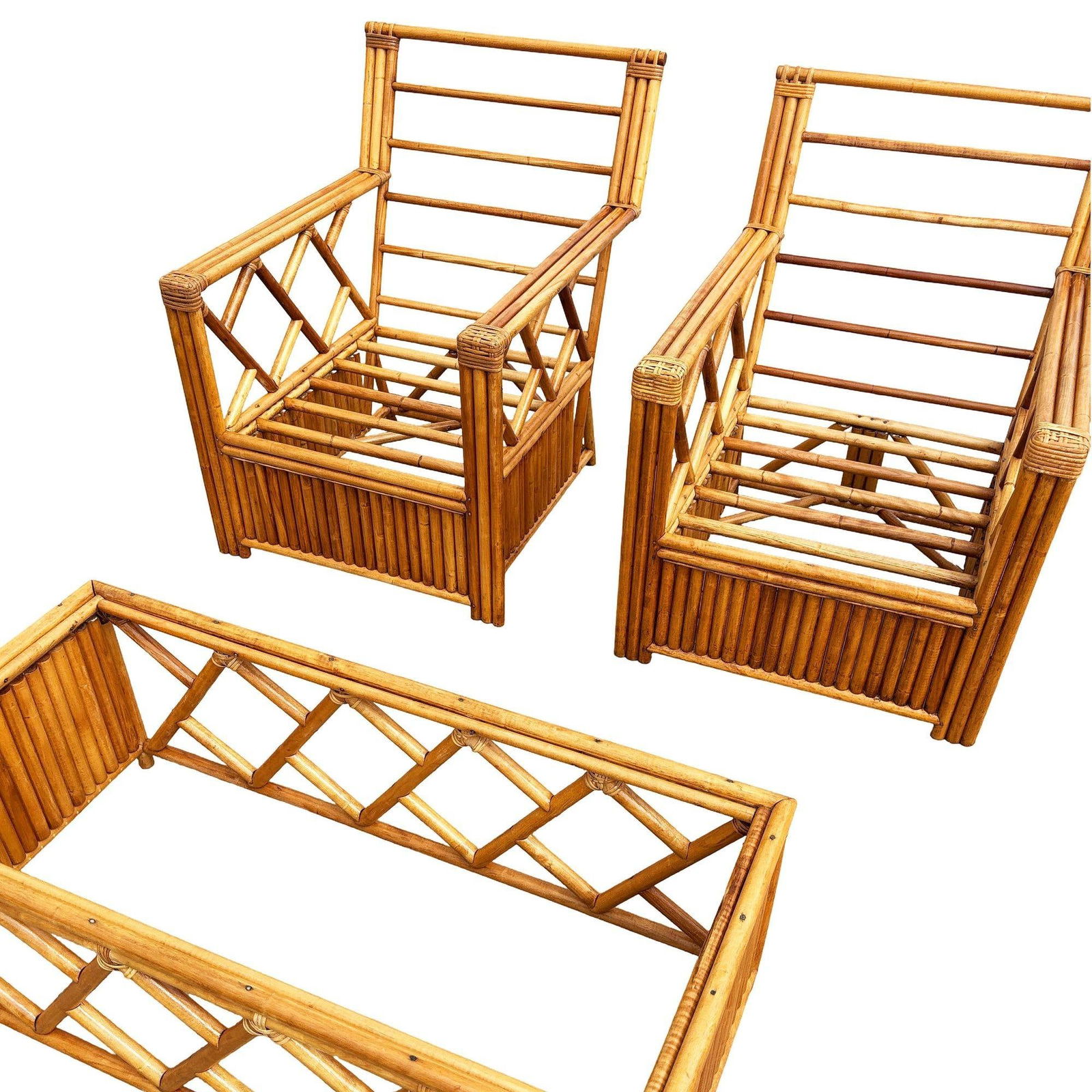 Heywood Wakefield "Oak Rattan" Lounge Chair Pair w/ Coffee Table - 19