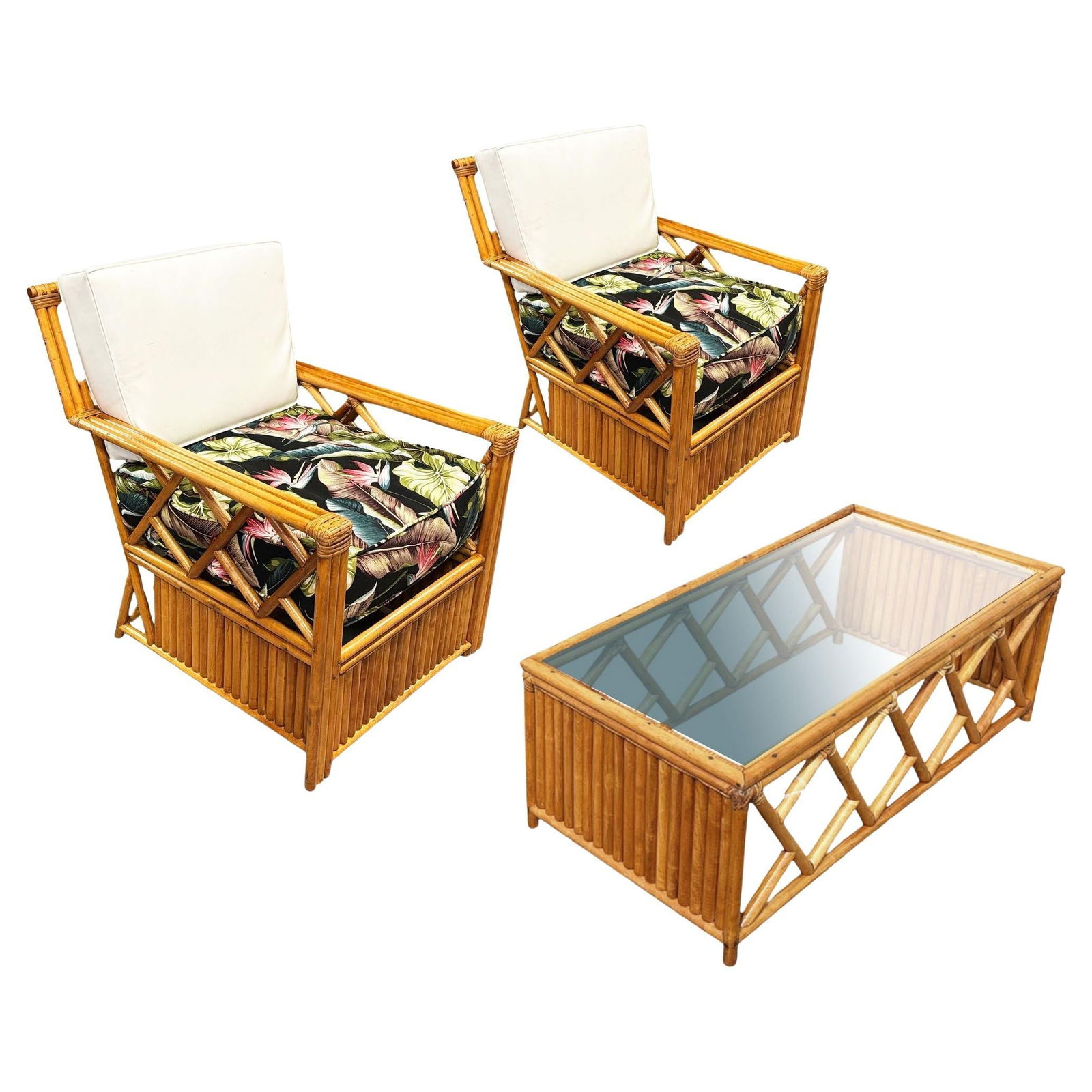 Heywood Wakefield "Oak Rattan" Lounge Chair Pair w/ Coffee Table - 7