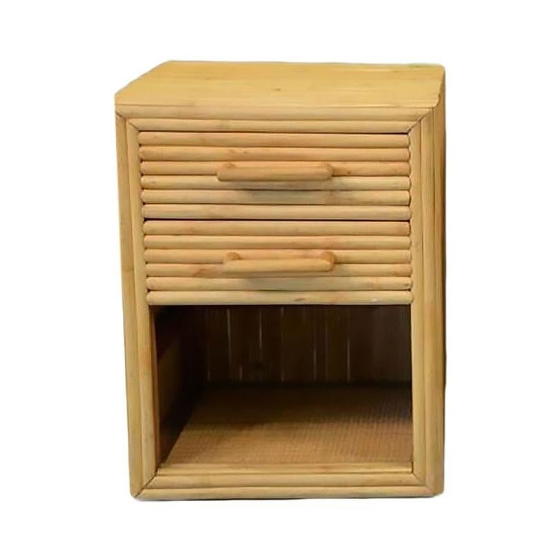 Restored Horizontal Stacked Stick Rattan Side Bedside Table w/ Cubby Space, Pair - 4