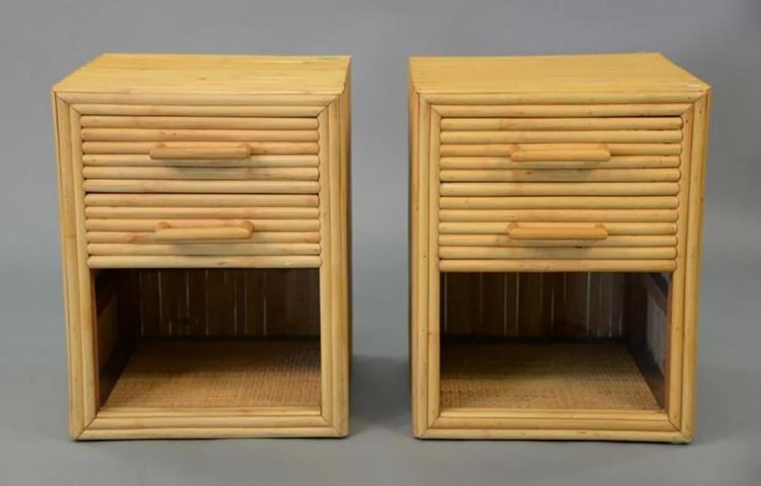 Restored Horizontal Stacked Stick Rattan Side Bedside Table w/ Cubby Space, Pair - 6