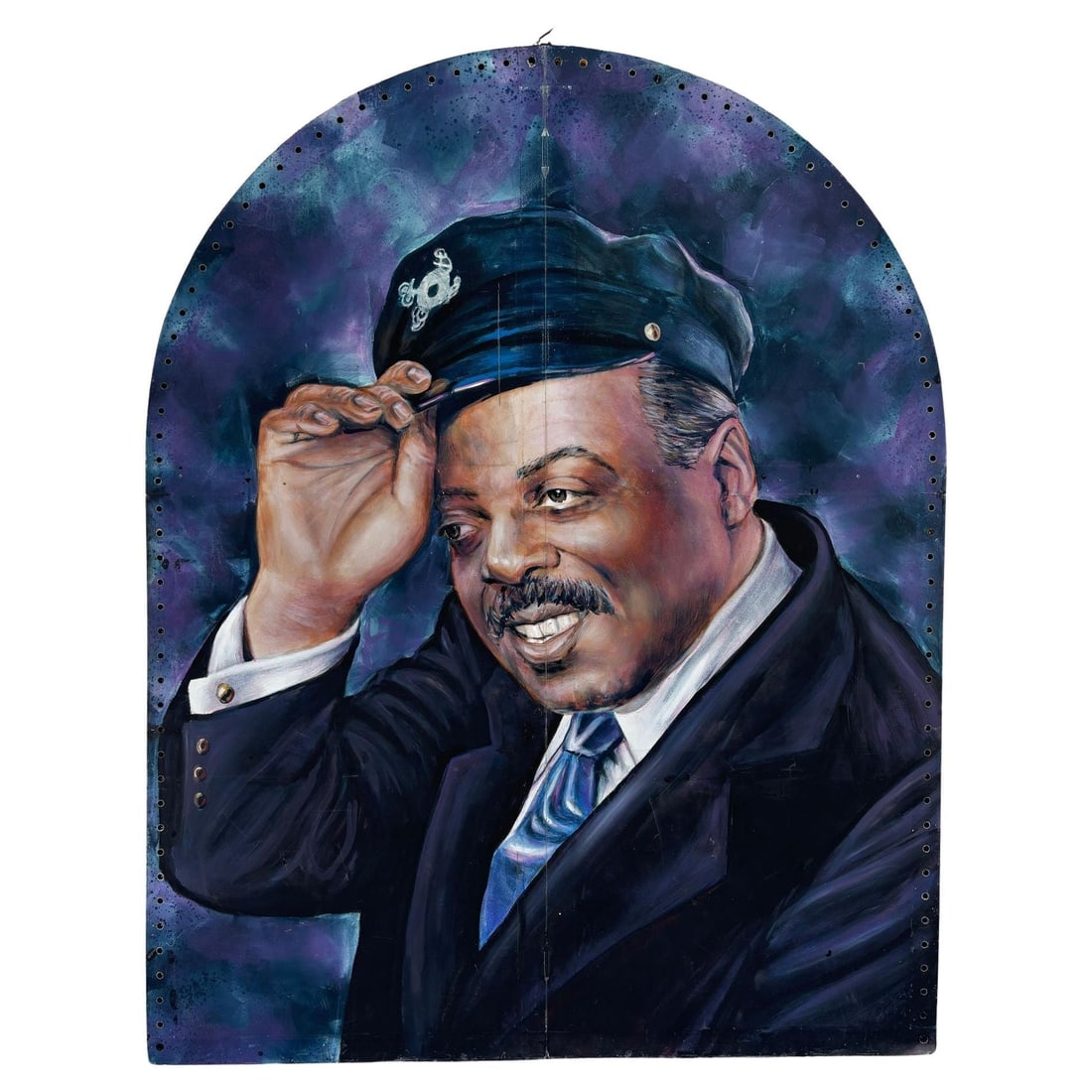 10' Foot Tall Oil on Canvas Portrait of Count Basie Light Up Folding Screen: Title: 10' Foot Tall Oil on Canvas Portrait of Count Basie Light Up Folding Screen Description: Large 10-foot tall artwork portrait of Duke Ellington oil painted on a canvas fixed to a wood folding
