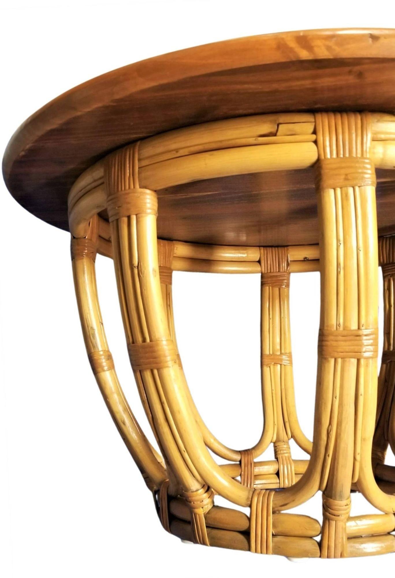 Restored Mid-century Rattan & Mahogany 3-Strand Round Drum Base Coffee Table - 4