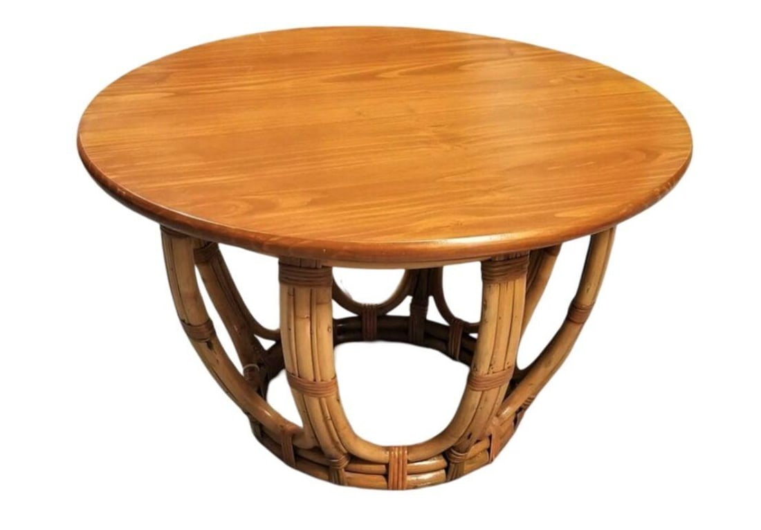 Restored Mid-century Rattan & Mahogany 3-Strand Round Drum Base Coffee Table - 5