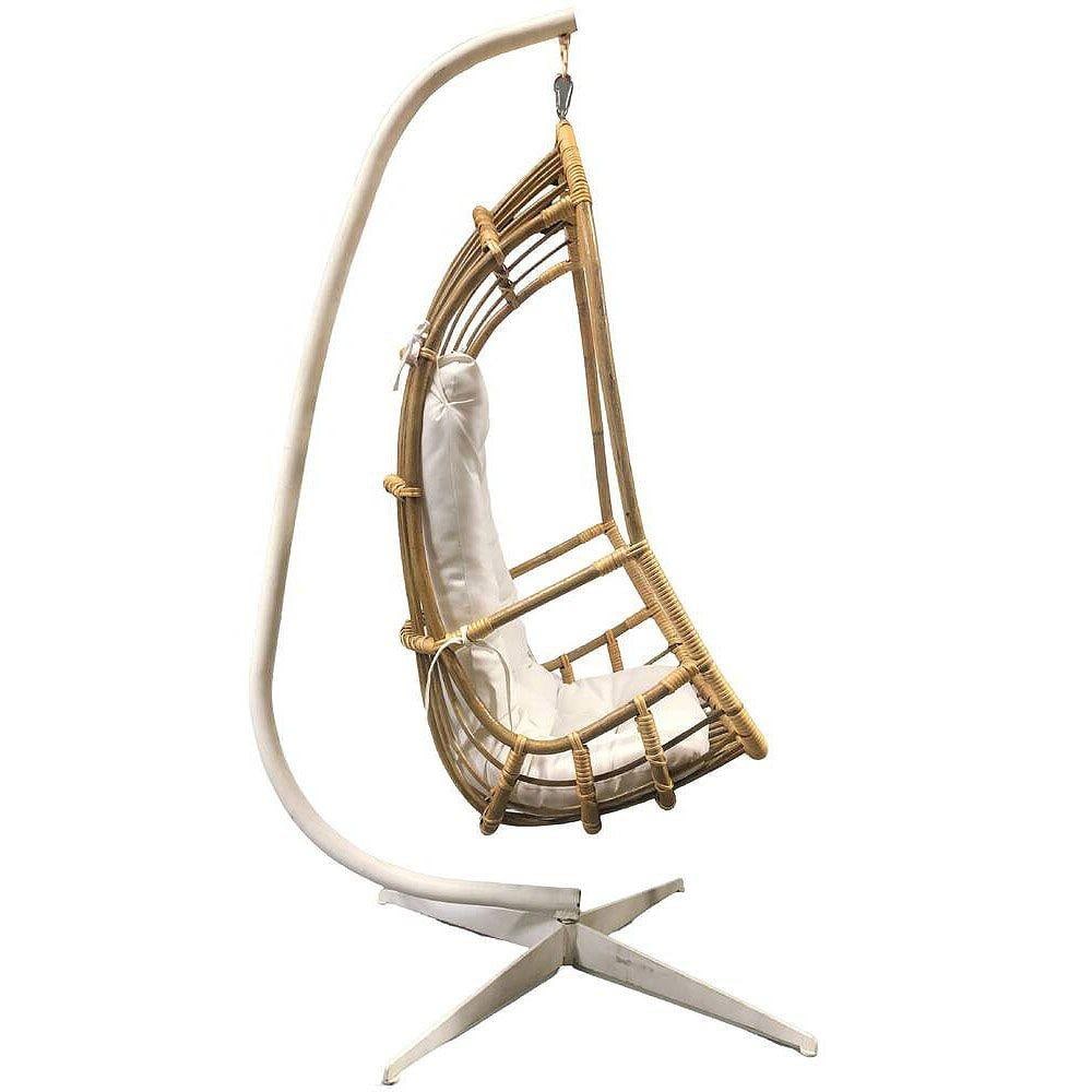 Restored Mid-century Rattan & Wicker Hanging Cocoon Egg Chair w/ Stand - 2