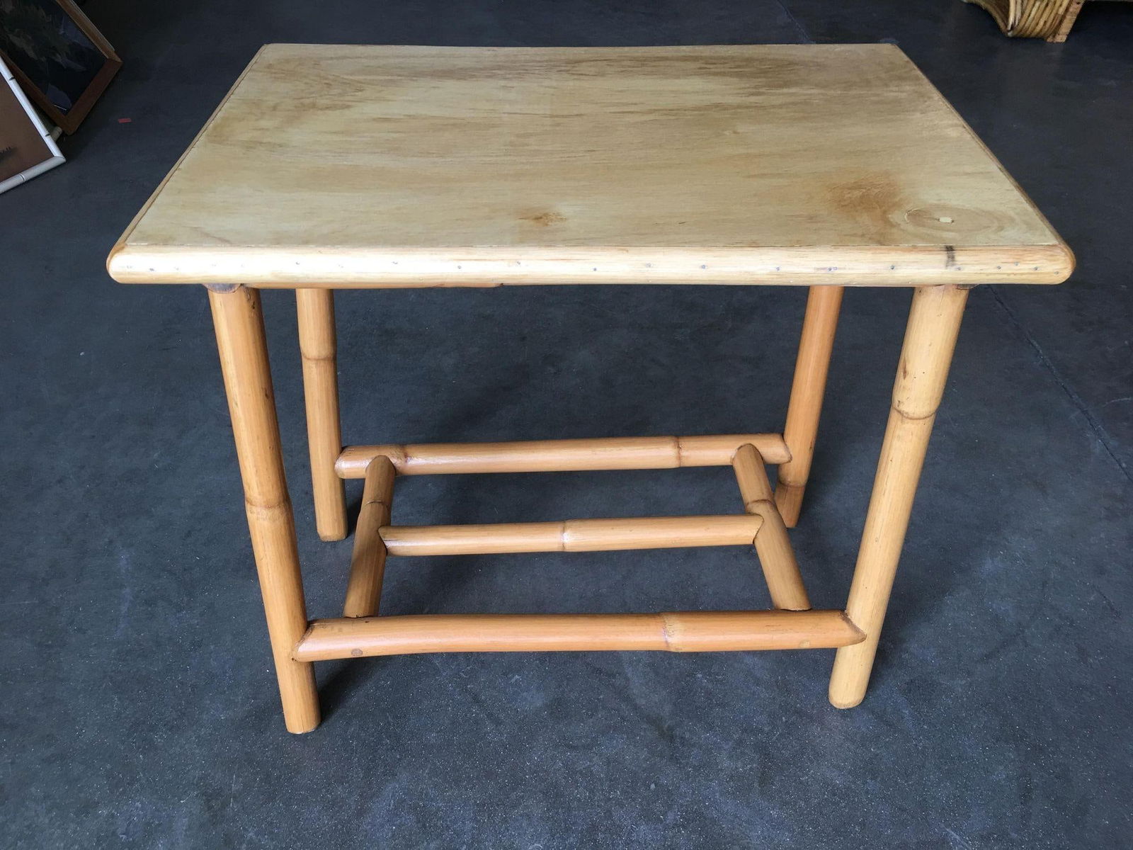 Restored Vintage "The Duke" Rattan Side Bourbon Table With Oak Top - 3