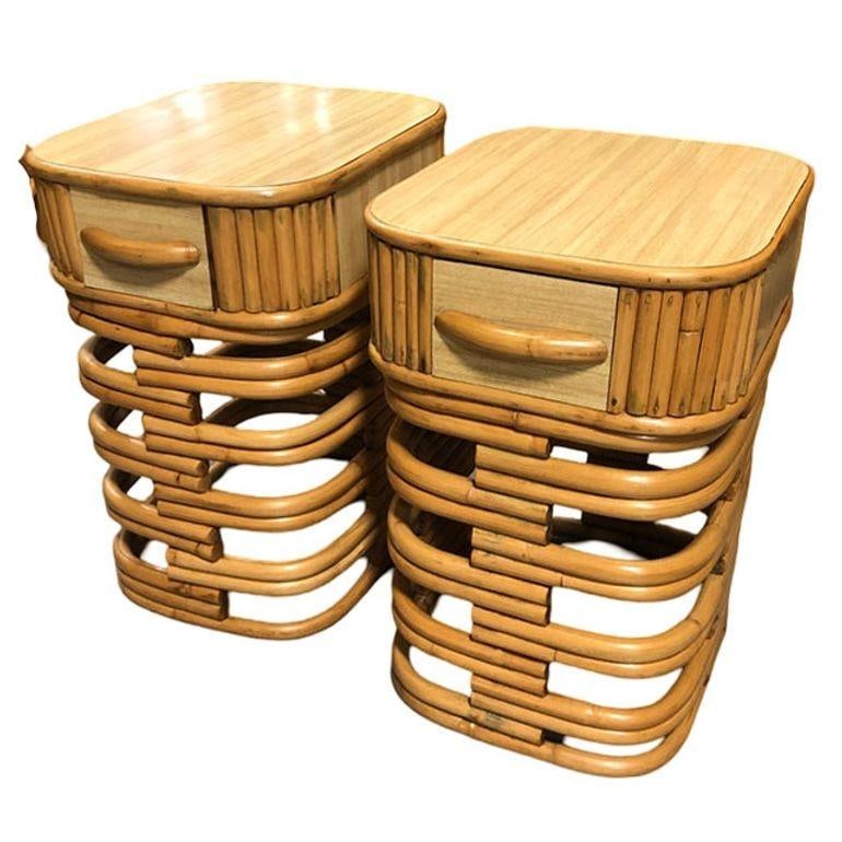 Restored Modernist Stacked Rattan Nightstand Side Table w/ Formica Top, Pair - 17