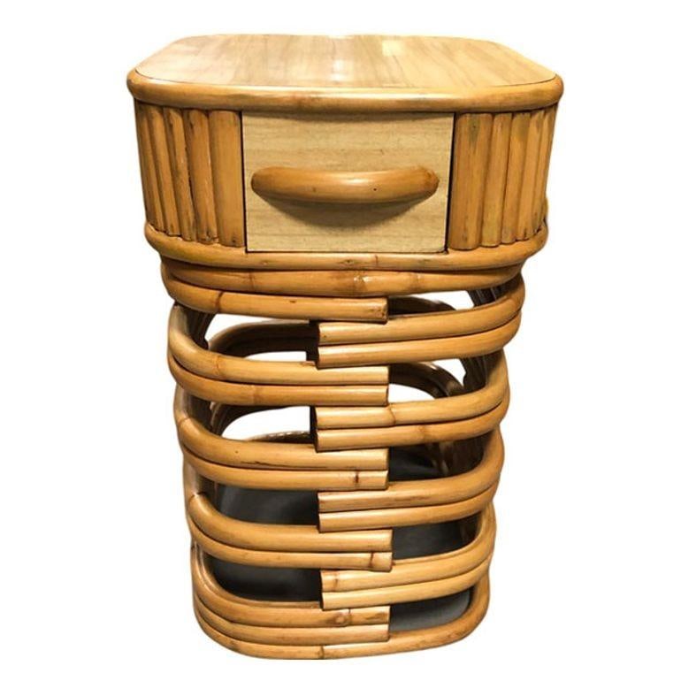 Restored Modernist Stacked Rattan Nightstand Side Table w/ Formica Top, Pair - 19