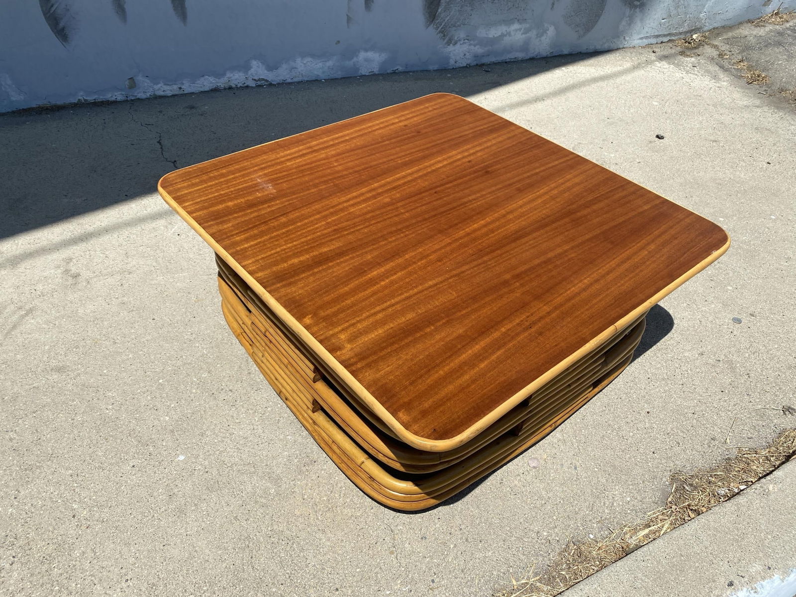 Restored Stacked Slat Rattan Cocktail Table with Cutouts and Mahogany Top - 3