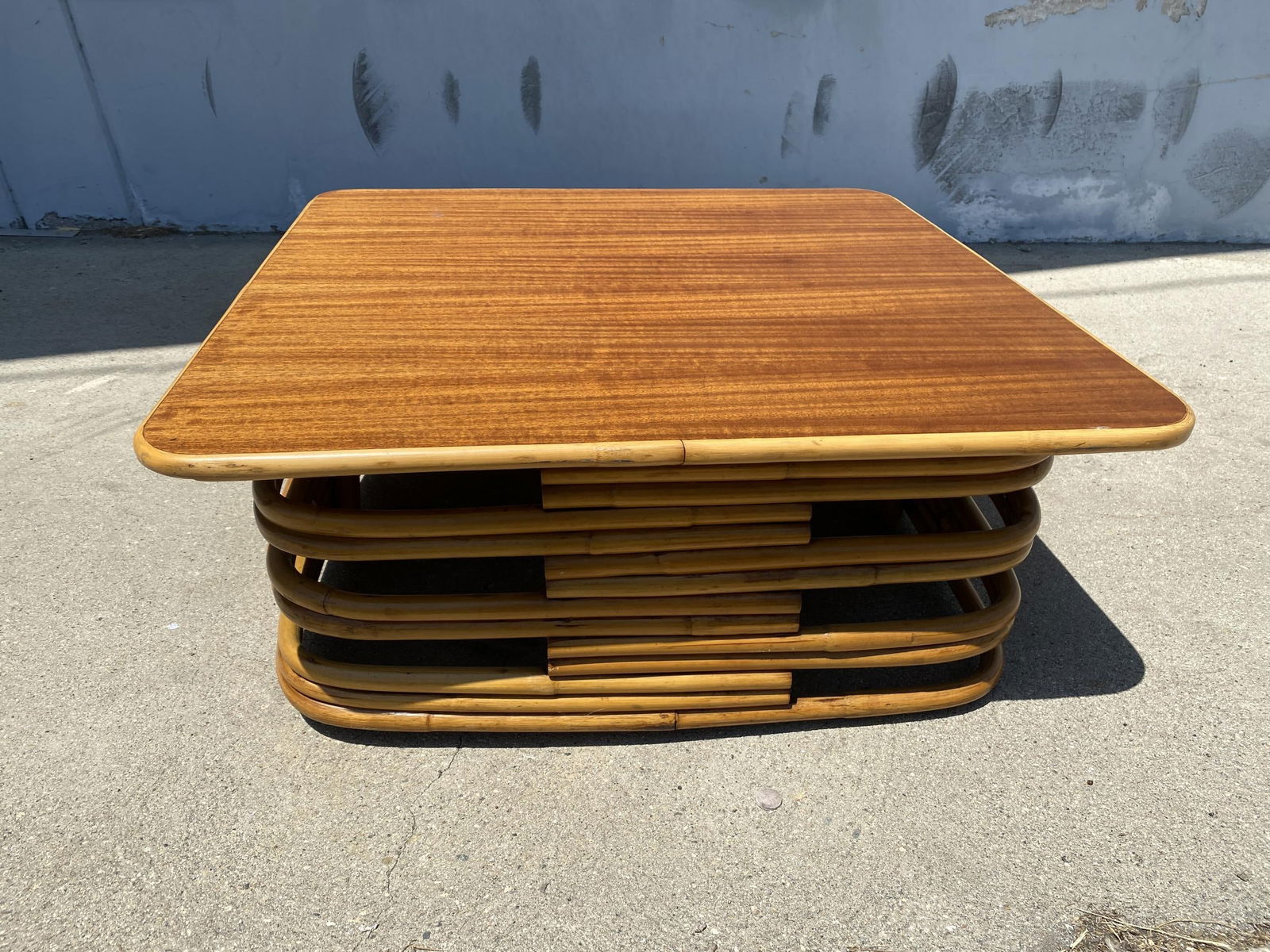 Restored Stacked Slat Rattan Cocktail Table with Cutouts and Mahogany Top - 4