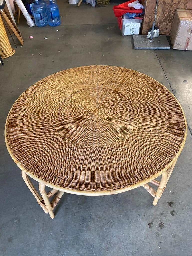 Restored Mid-century Round Wicker Top Rattan Table - 5