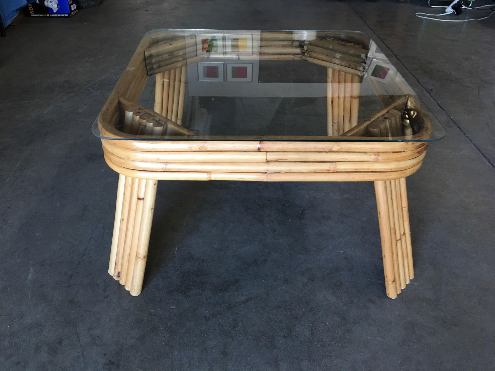 Restored 5-Strand Rattan Coffee Table with Square Glass Top - 11