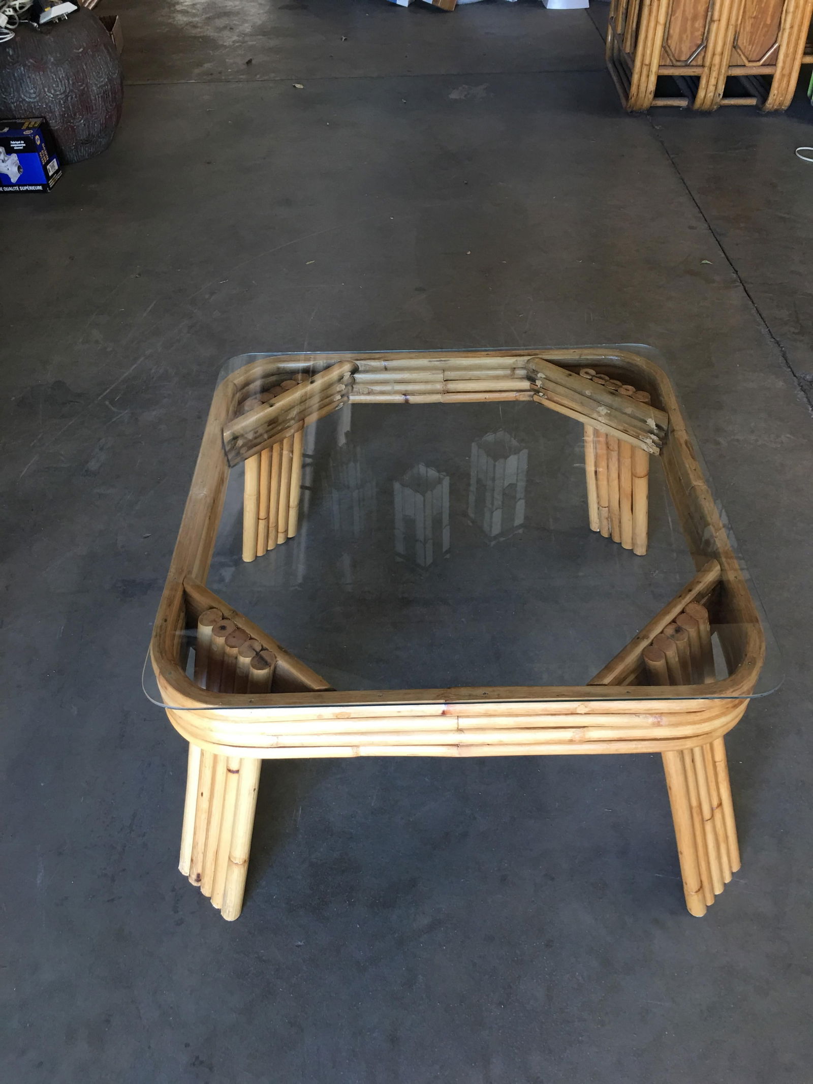 Restored 5-Strand Rattan Coffee Table with Square Glass Top - 20