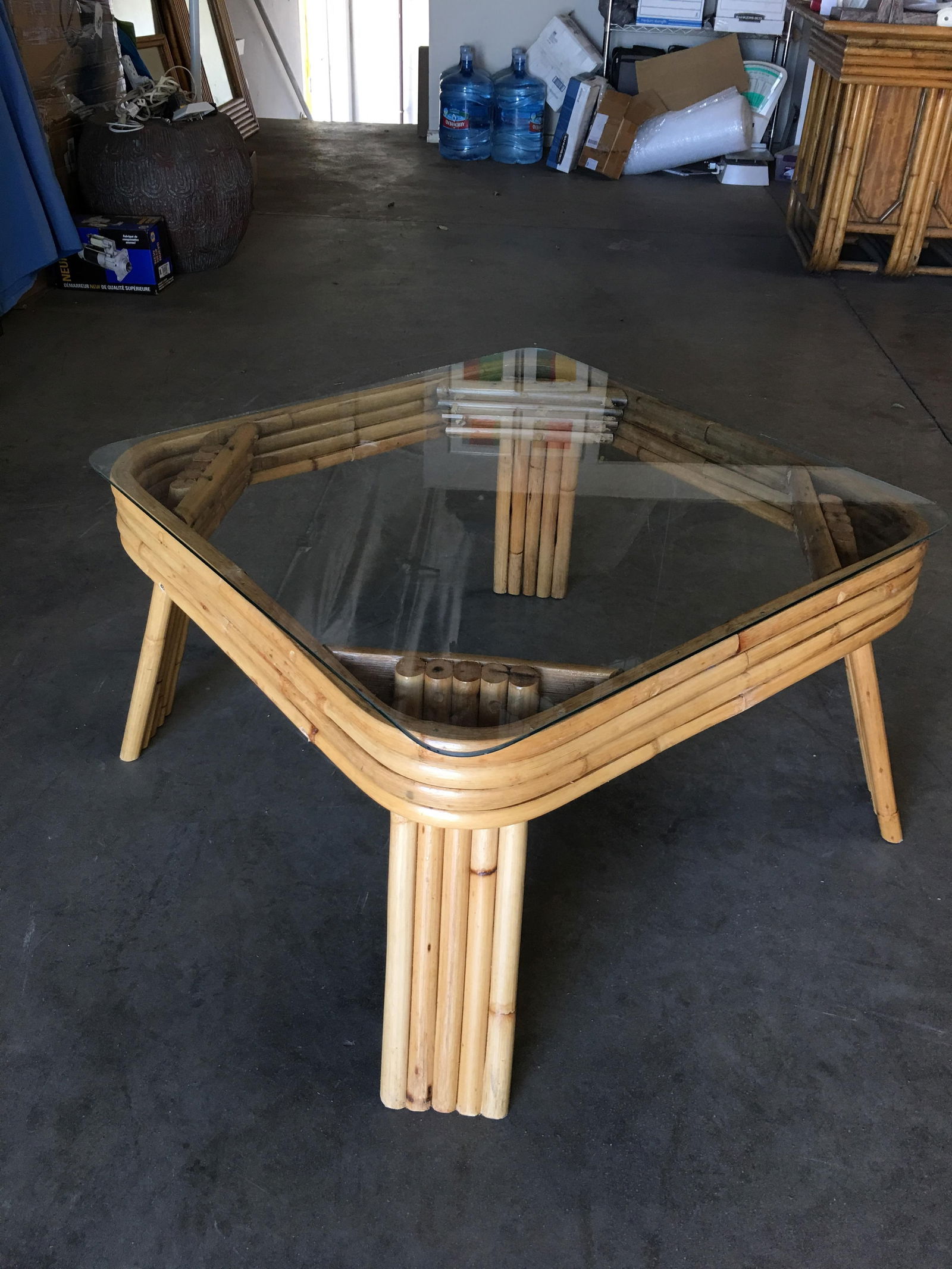Restored 5-Strand Rattan Coffee Table with Square Glass Top - 9