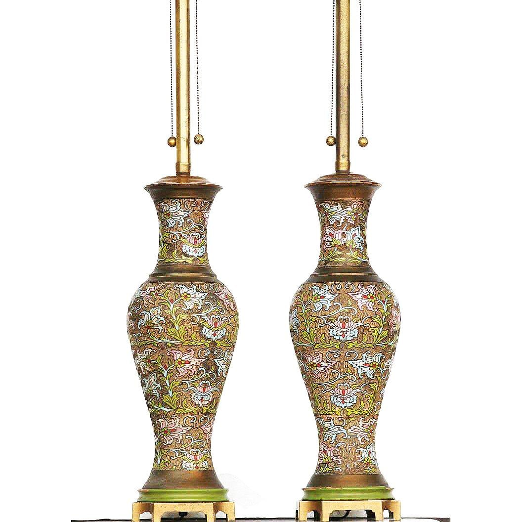 Arts & Craft Chinese Bronze Cloisonné Enamel Vase Lamp by Mimi London, Pair - 5