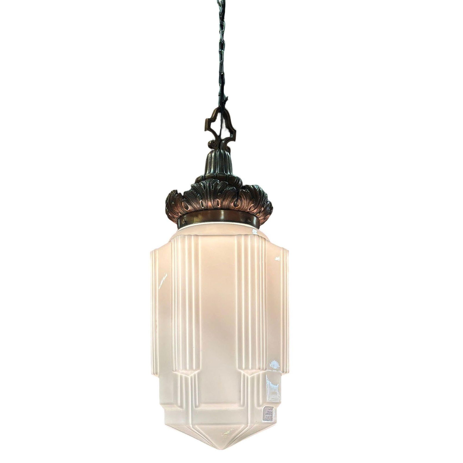 Art Deco Copper Acanthus Leaf Pendant Light w/ Skyscraper Milk Glass Shade - 13
