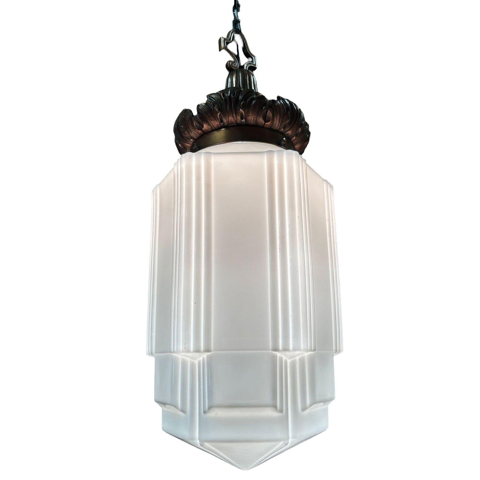 Art Deco Copper Acanthus Leaf Pendant Light w/ Skyscraper Milk Glass Shade - 15