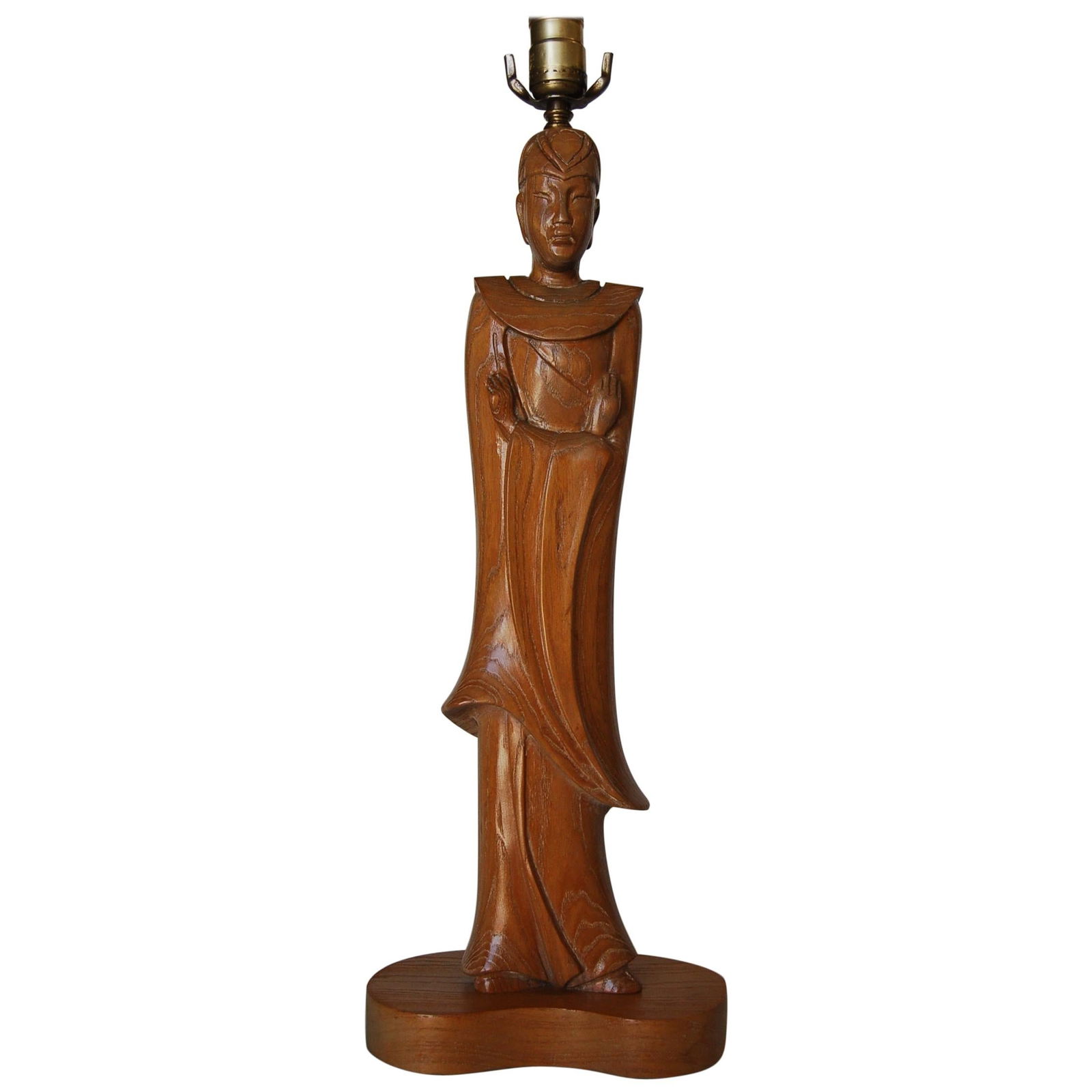 Midcentury Carved Oak Chinese Monk Wood Figure Lamp: Title: Midcentury Carved Oak Chinese Monk Wood Figure Lamp Description: Vintage carved oak modernist Chinese monk wood figure lamp modeled much after the style of Jascha Heifetz. Measures 24" high x 8