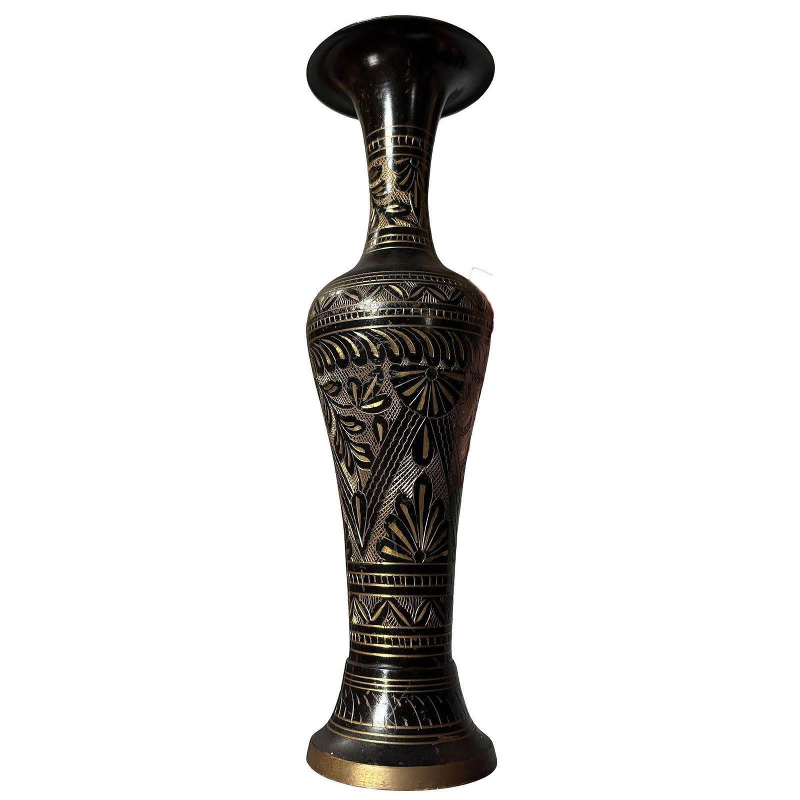 Indian Hand Etched Black Cloisonne Brass Floral Vase - 12