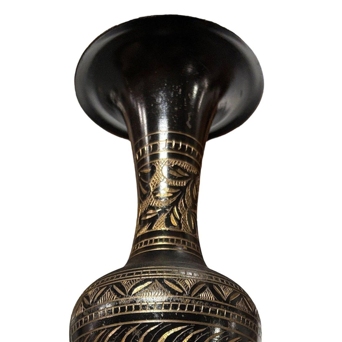 Indian Hand Etched Black Cloisonne Brass Floral Vase - 14