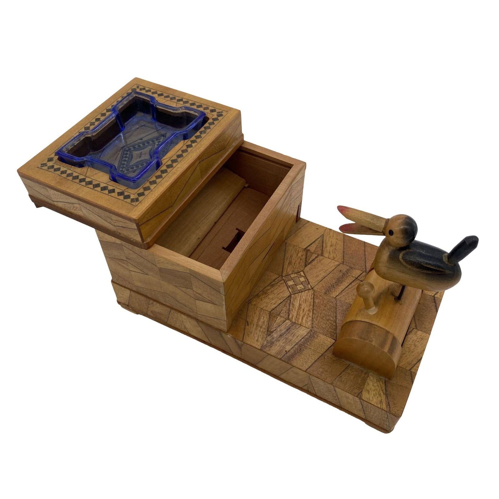 Vintage Inlay Carved Wood Cigarette Box Holder Dispenser with Ashtray and Mechan - 16