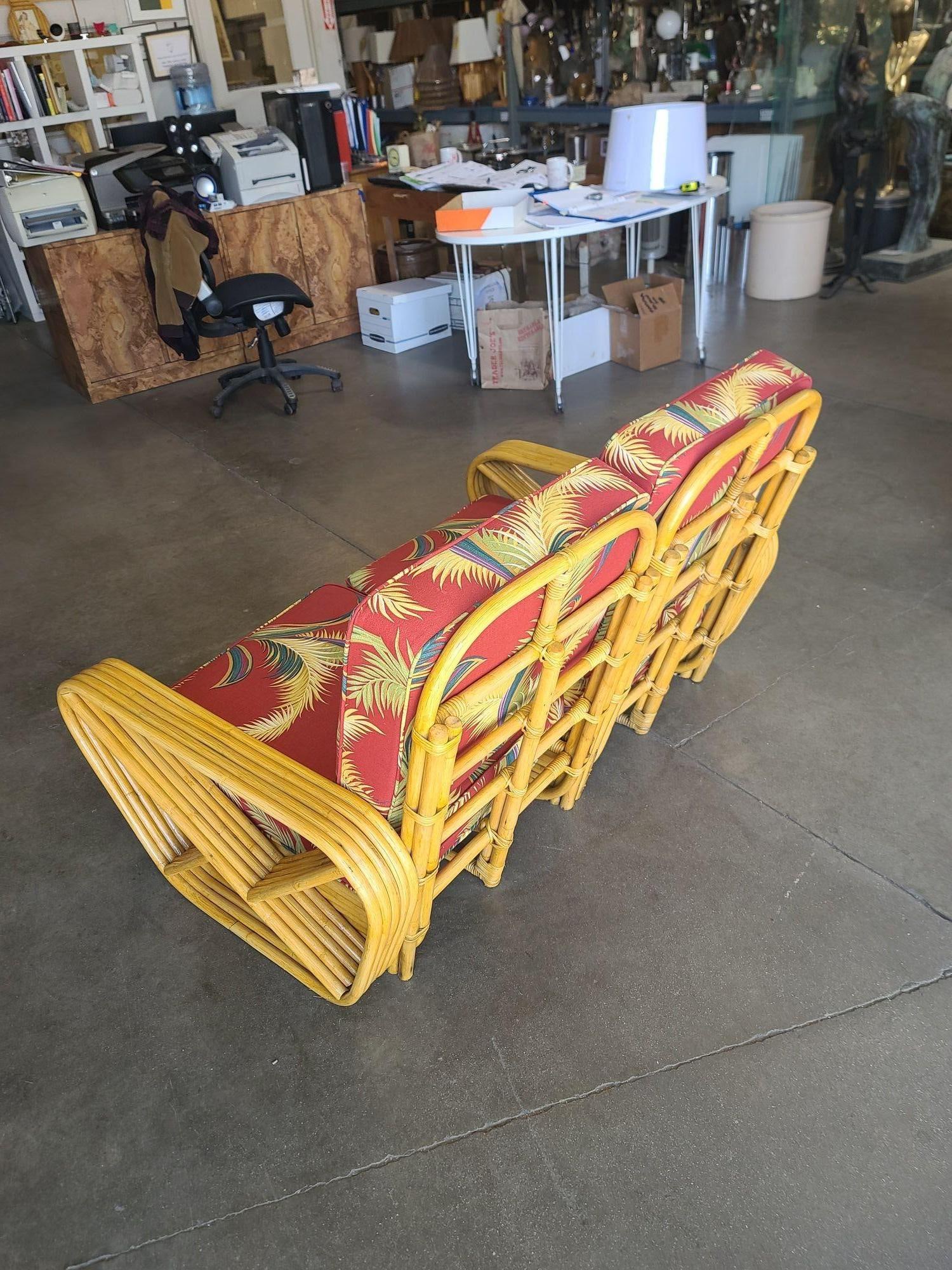 Restored 5-Strand Square Pretzel Rattan Settee w/ Barkcloth Cushions - 17