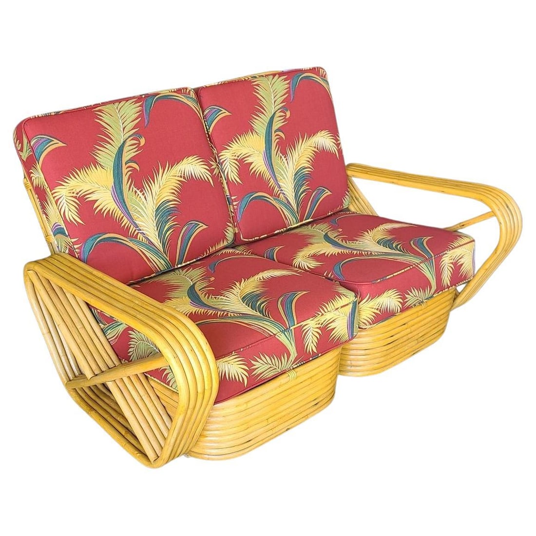 Restored 5-Strand Square Pretzel Rattan Settee w/ Barkcloth Cushions: Title: Restored 5-Strand Square Pretzel Rattan Settee w/ Barkcloth Cushions Description: Designed in the manner of Paul Frankl this Five-strand rattan sectional setee features square pretzel arms and