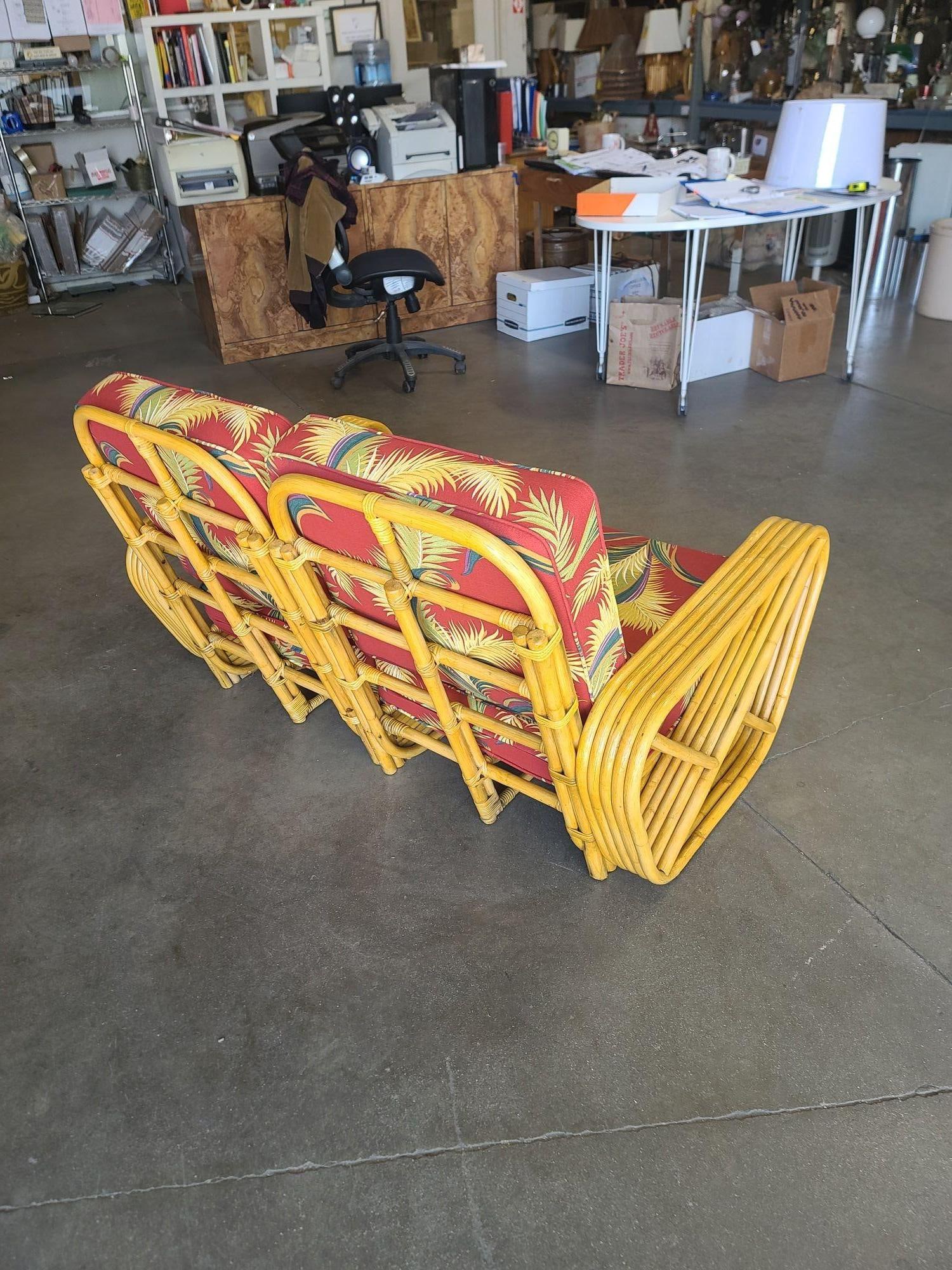 Restored 5-Strand Square Pretzel Rattan Settee w/ Barkcloth Cushions - 3
