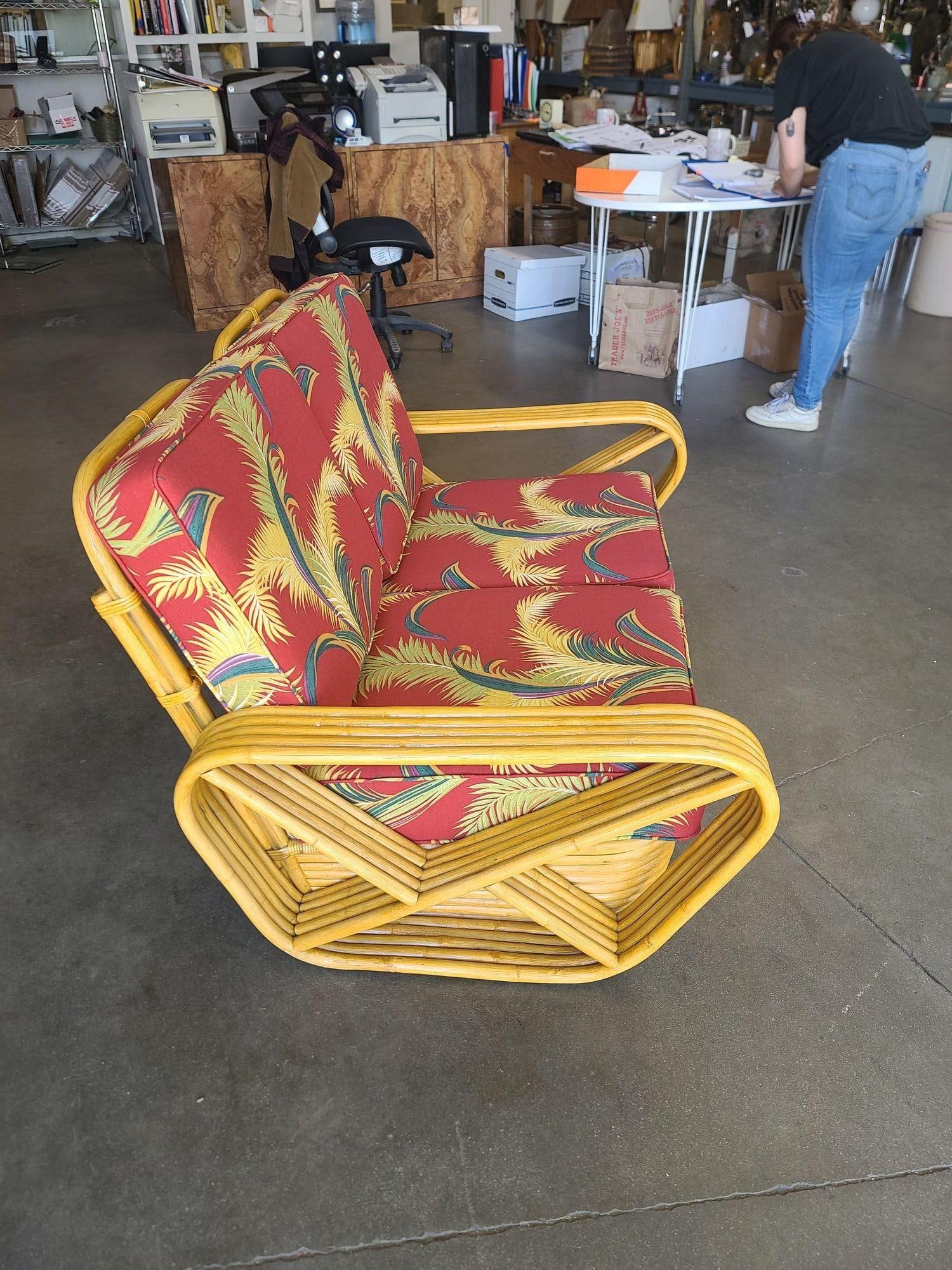 Restored 5-Strand Square Pretzel Rattan Settee w/ Barkcloth Cushions - 8