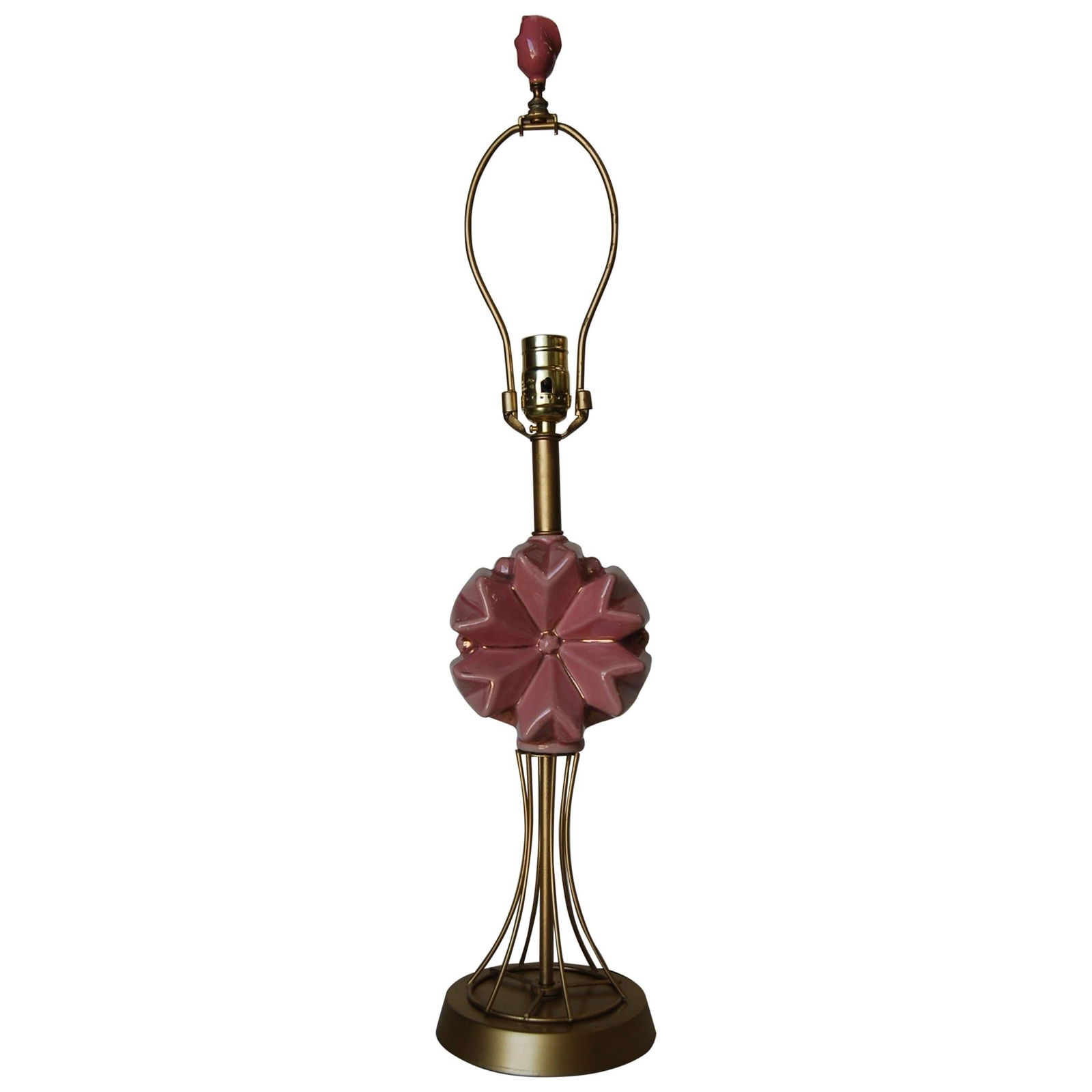 Midcentury Brass Spindel Table Lamp with Ceramic Flower Accent: Title: Midcentury Brass Spindel Table Lamp with Ceramic Flower Accent Description: Original post war brass spindel brass table Lamp with pink ceramic flower accent as the center piece, Measures 19" he