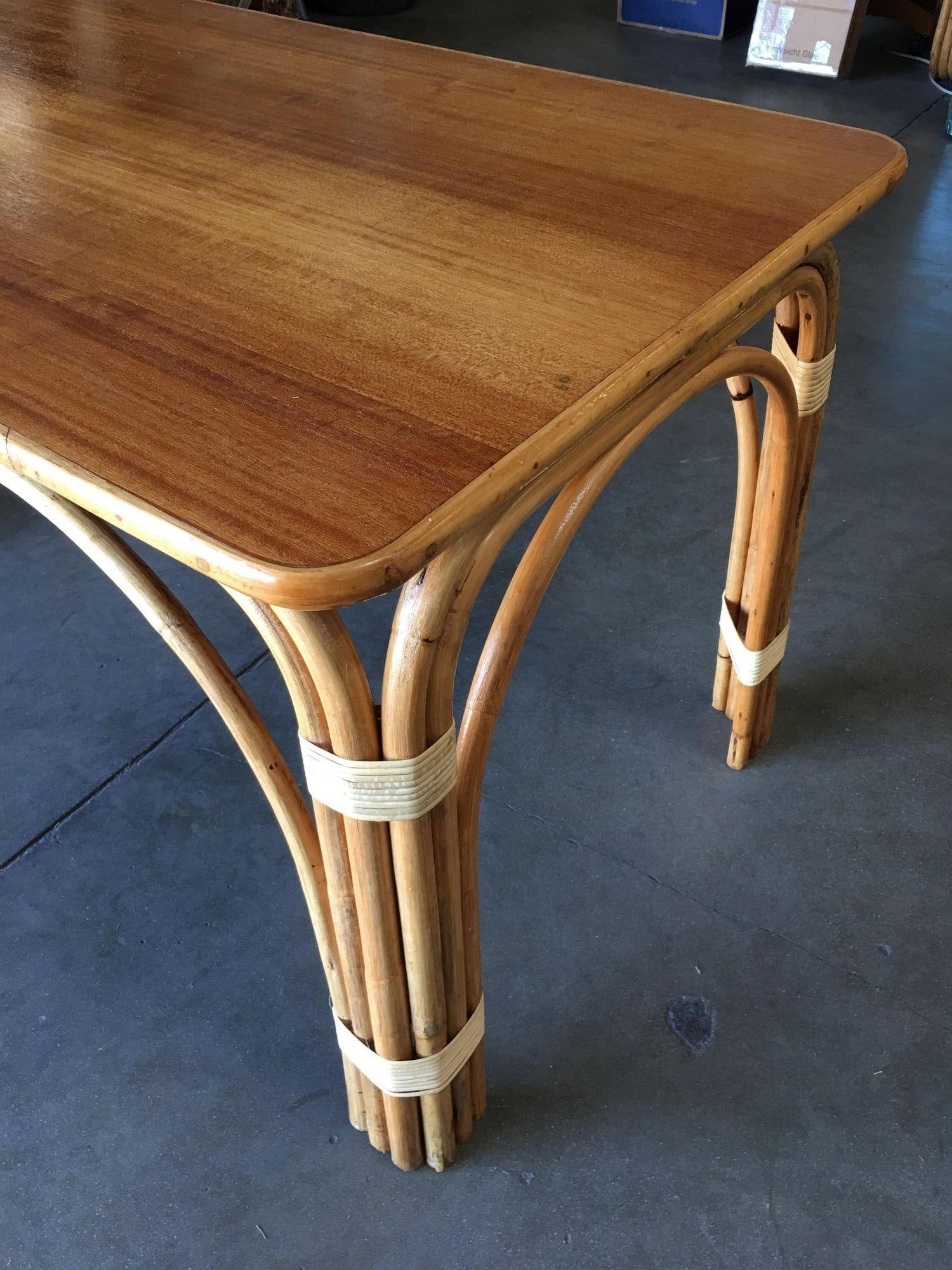 Rattan "Triple Arch" Dining Room Table with Mahogany Top - 5