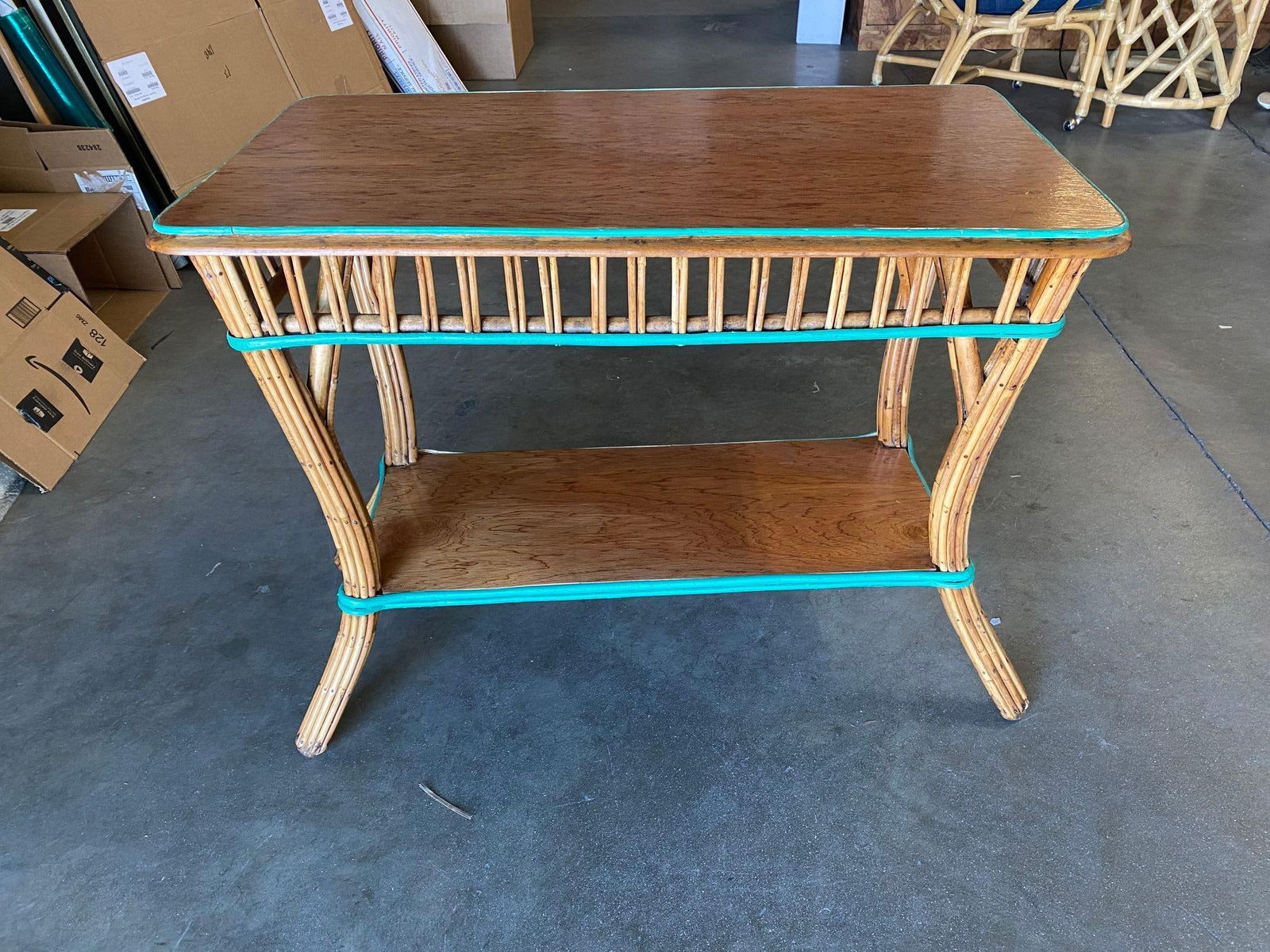 Restored Presidential Stick Reed Rattan TV Stand/Console Table w/ Mahogany Top - 11