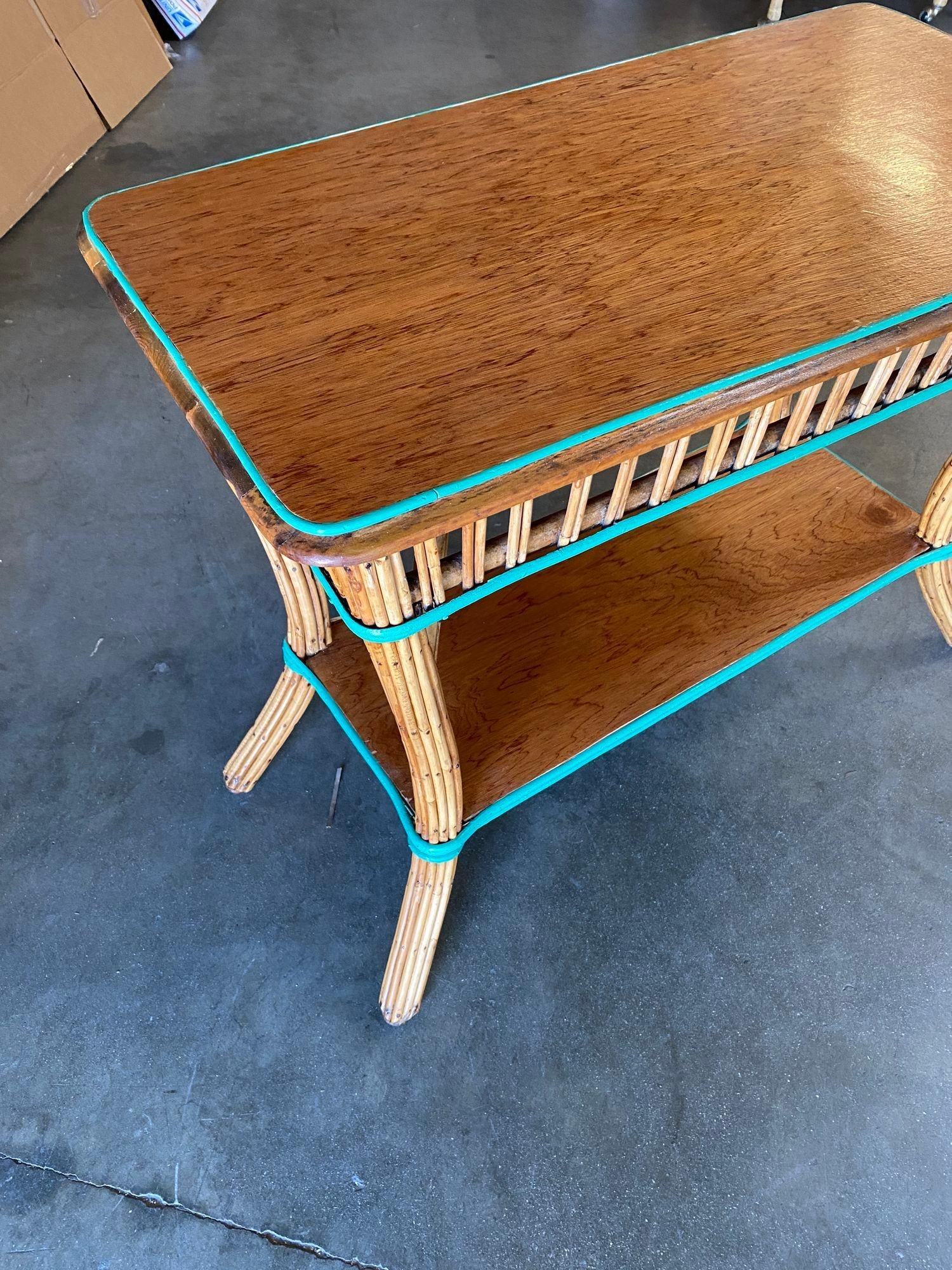 Restored Presidential Stick Reed Rattan TV Stand/Console Table w/ Mahogany Top - 14