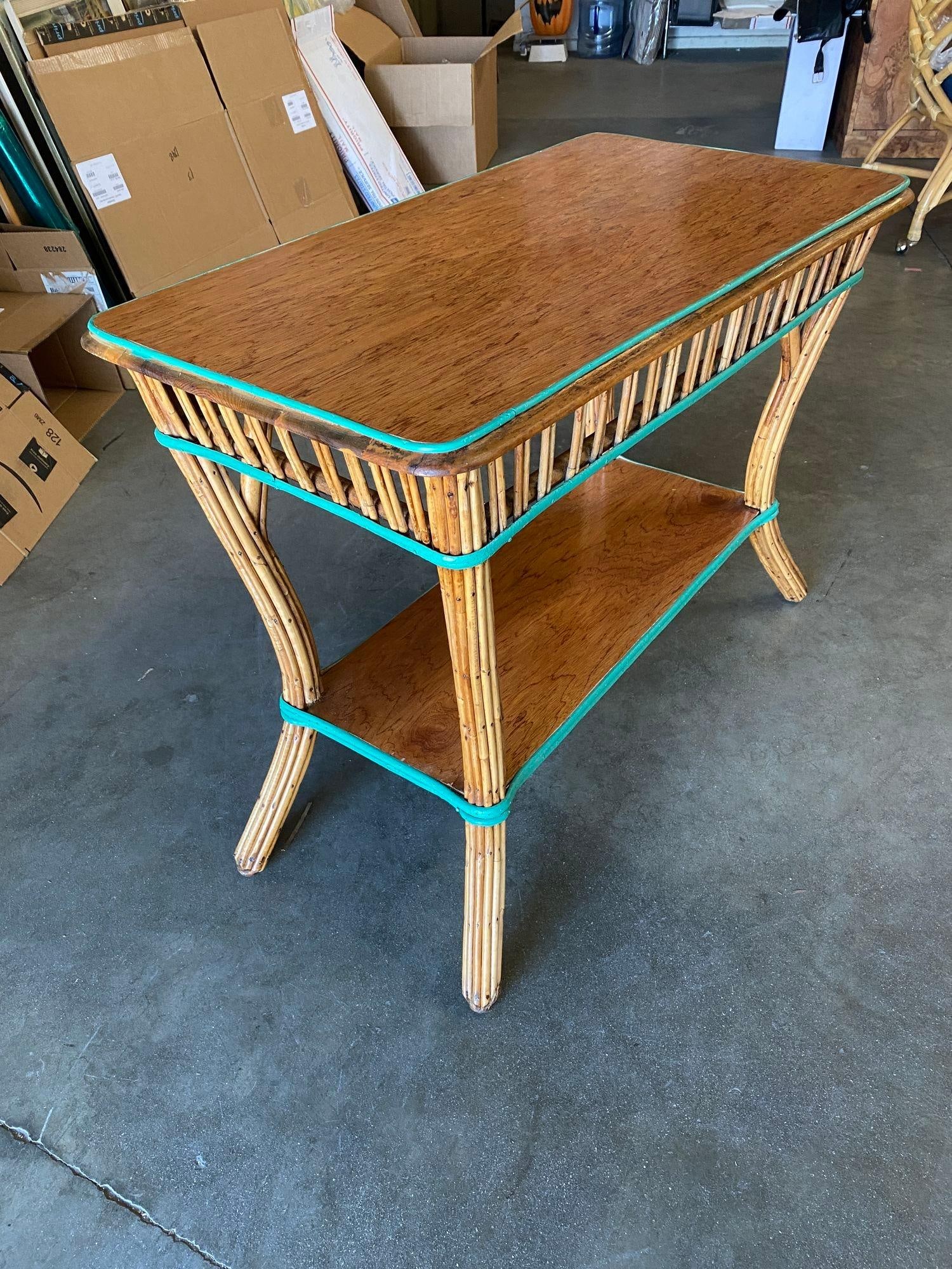 Restored Presidential Stick Reed Rattan TV Stand/Console Table w/ Mahogany Top - 15