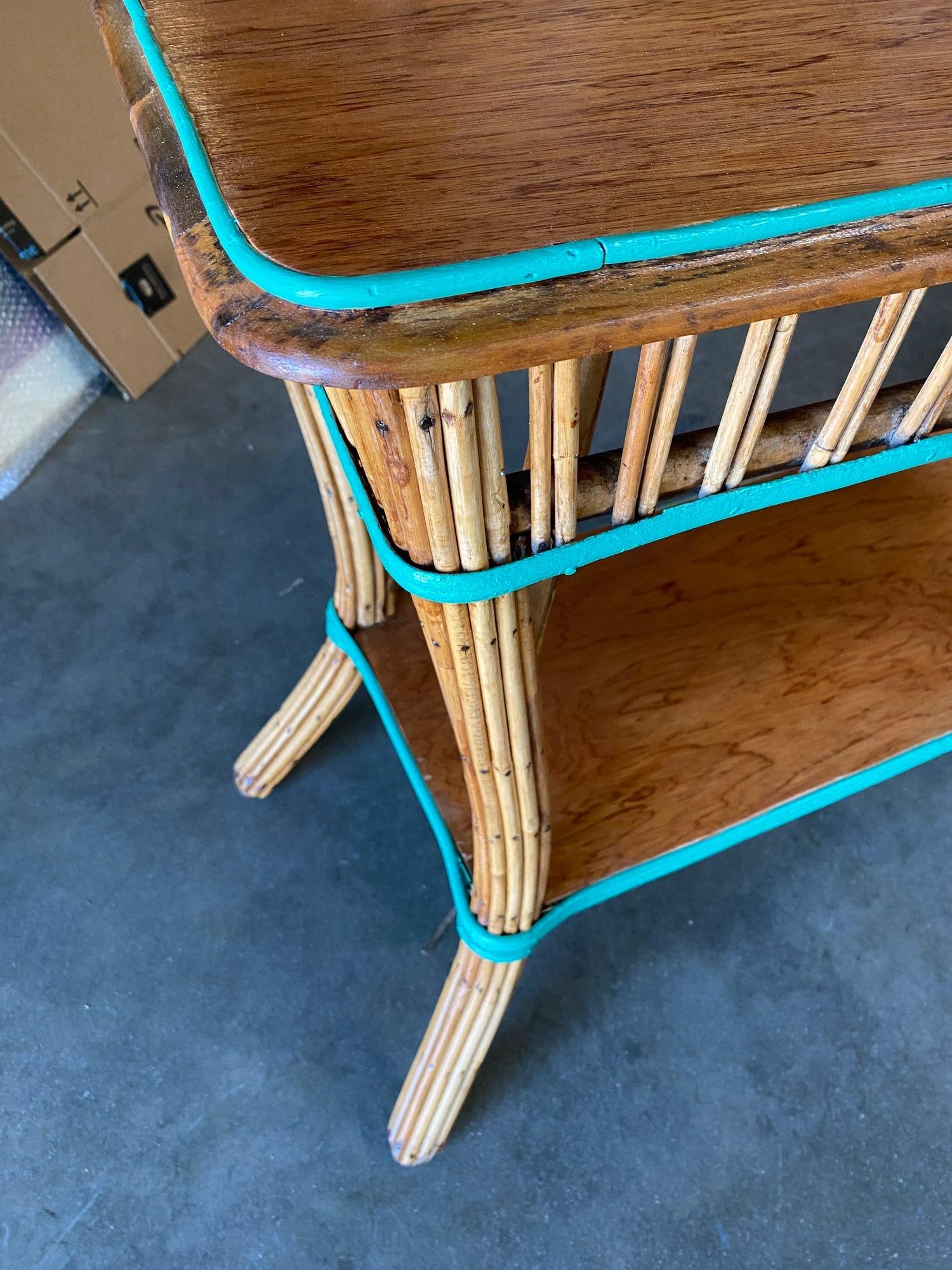 Restored Presidential Stick Reed Rattan TV Stand/Console Table w/ Mahogany Top - 16