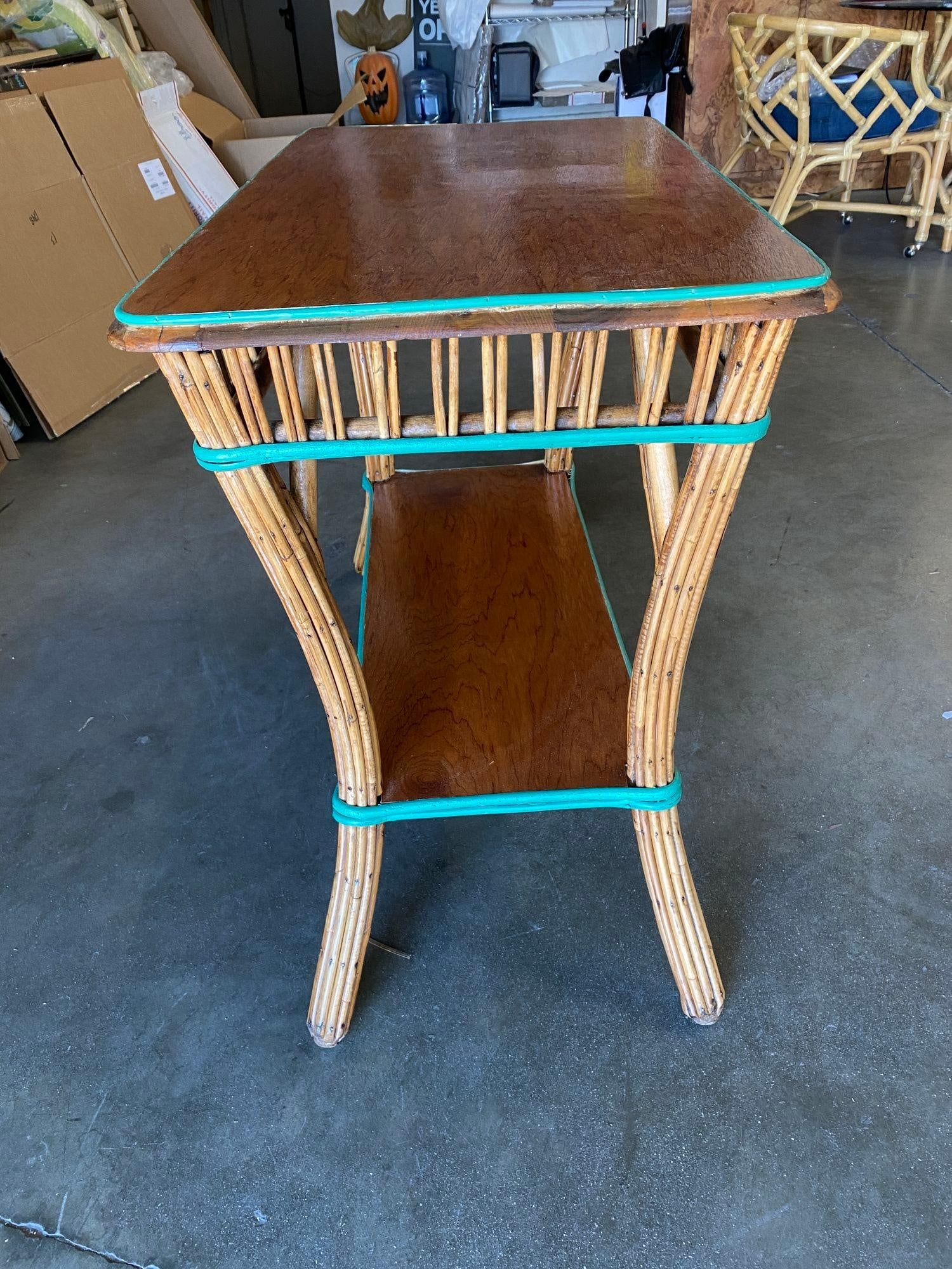 Restored Presidential Stick Reed Rattan TV Stand/Console Table w/ Mahogany Top - 19