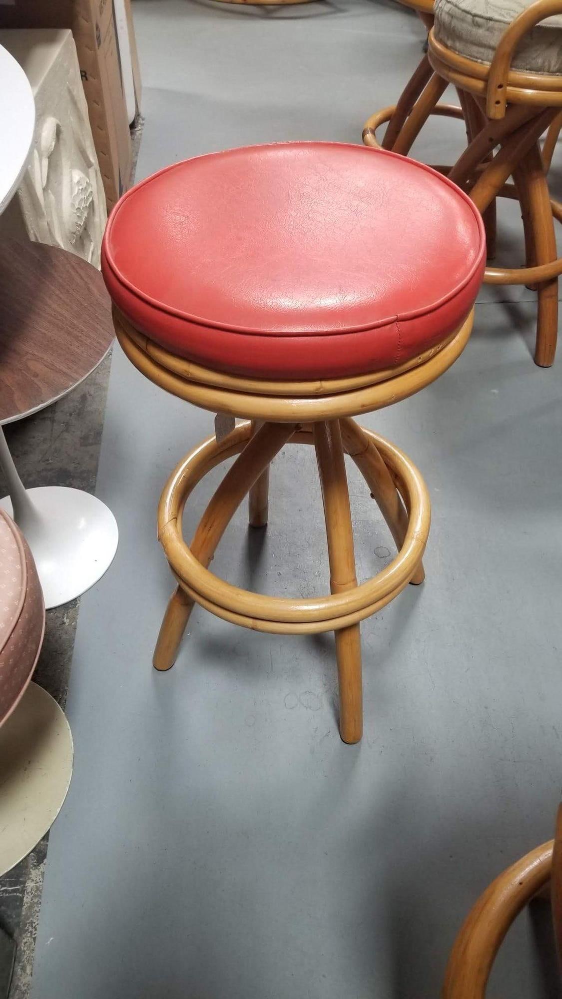 Restored Rattan Spiral Leg Strand Pair of Two Single Stand Red Bar Stools - 5