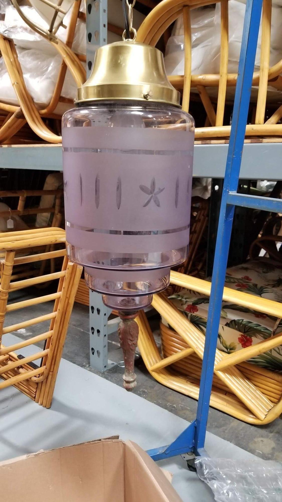 Hollywood Regency Hanging Pendant Light with Purple Etched Glass - 4