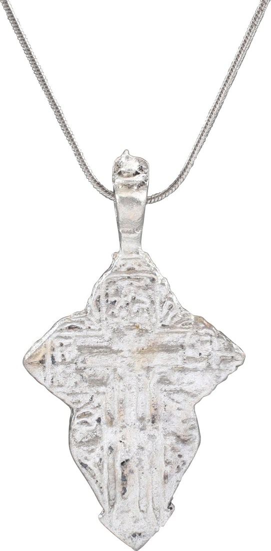 EASTERN EUROPEAN CHRISTIAN CROSS NECKLACE: 17th-18th Century, Ukrainian, Orthodox rite. Silvered bronze. Over 2 1/8” total height. Raised border delineating the cross with broad beams, the cross beam above center and enclosing a stick cr